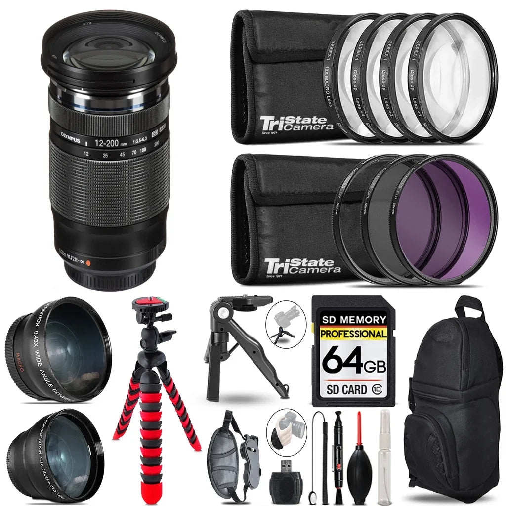 Olympus M.Zuiko Digital  12-200mm f/3.5-6.3 Lens - 3 Lens Kit + Tripod + Backpack - 64GB Accessory Bundle