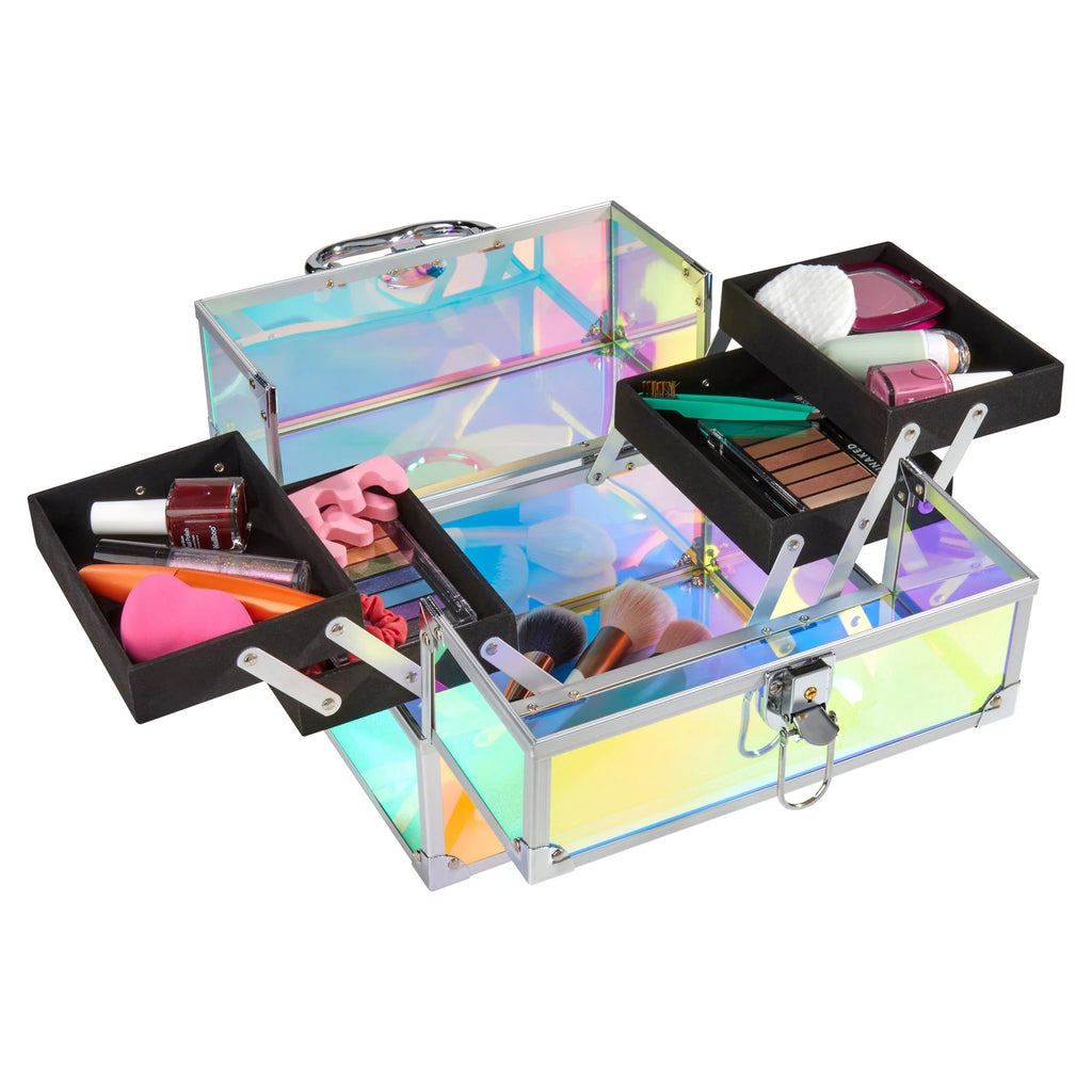 Makeup Train Case Cosmetics Organizer, Iridescent Translucent, 4 Trays, 6.7"x 9.85"x 7.9"
