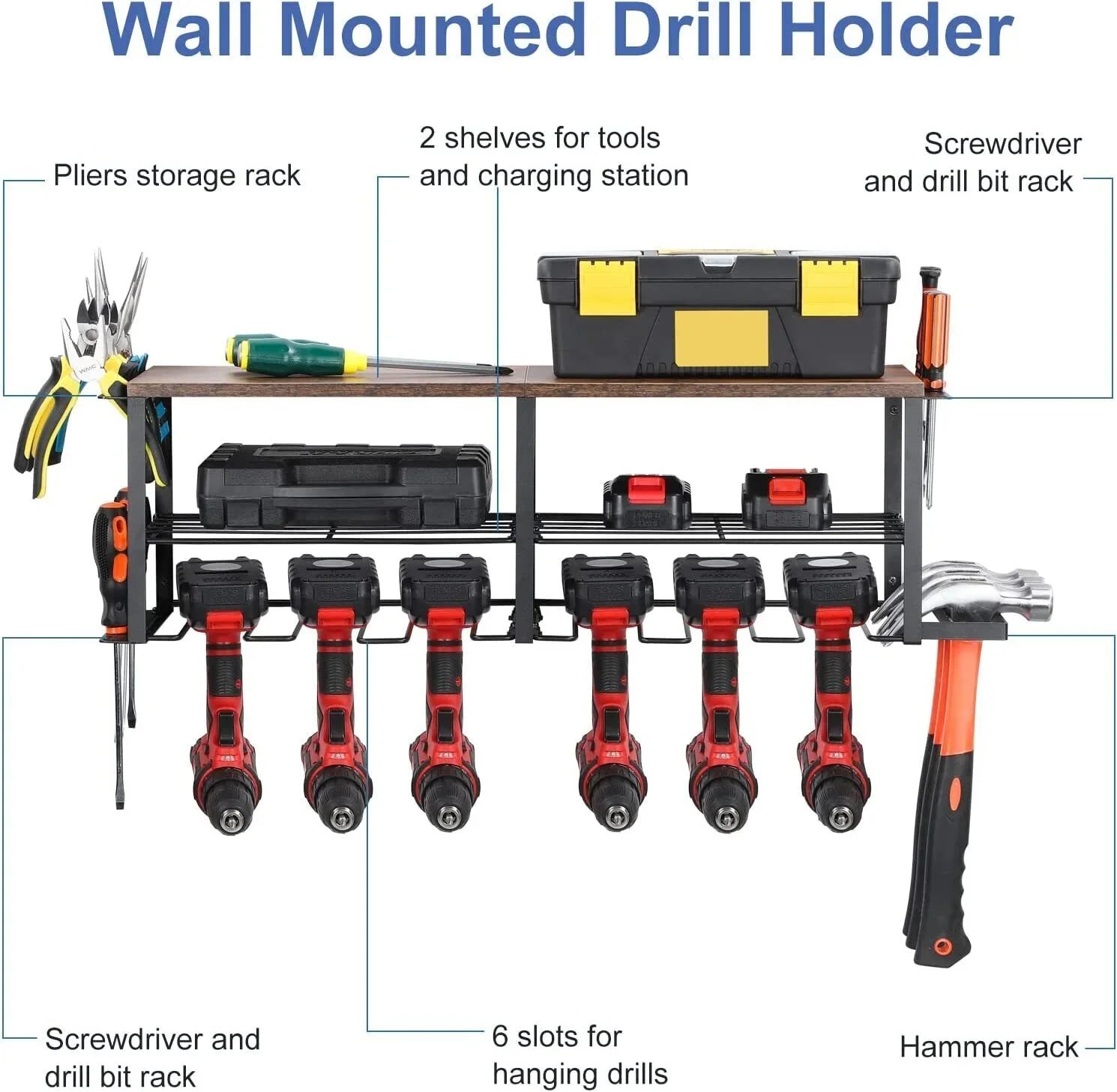 Power Tool Organizer, 6 Drill Holder Wall Mounted, Heavy Duty Storage Rack Shelf