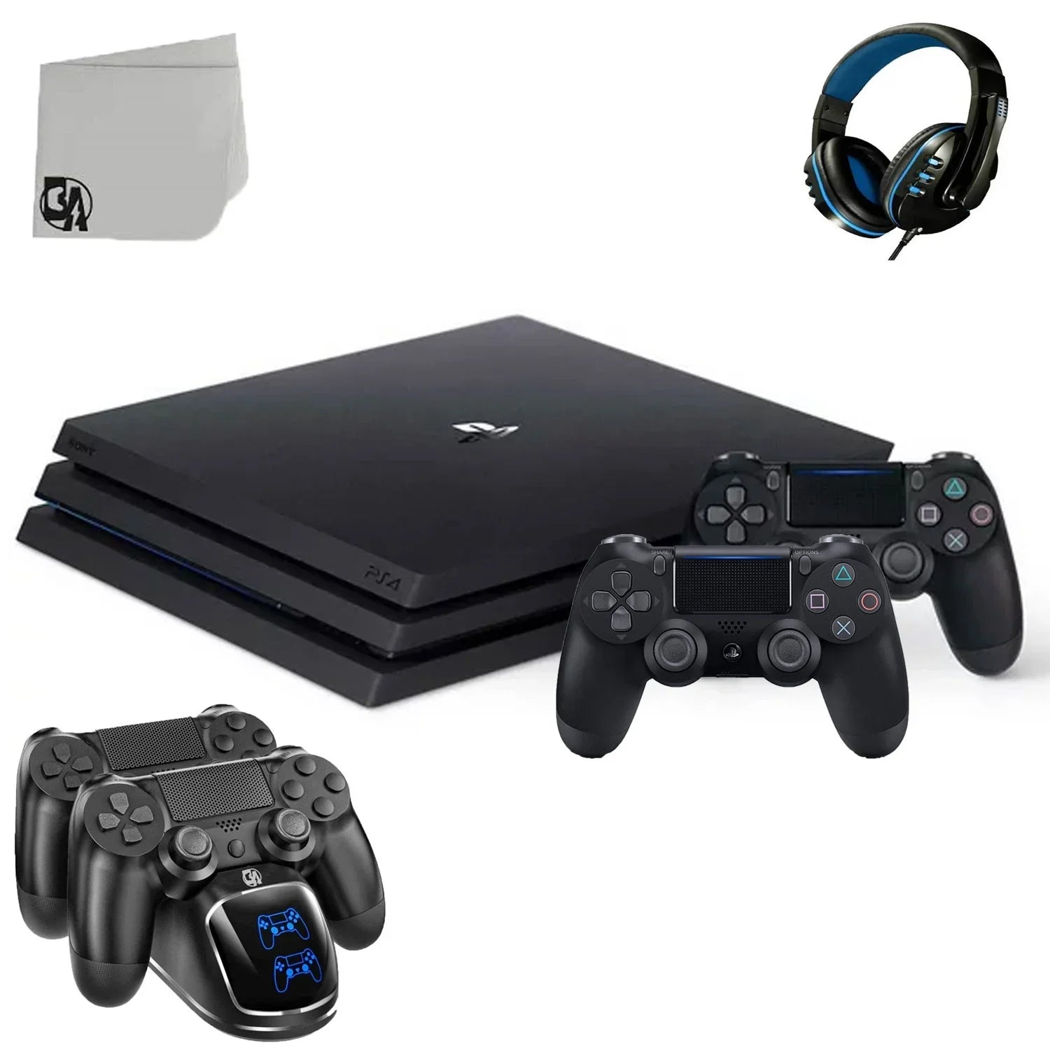 Sony PlayStation 4 Pro 1TB Gaming Console Black with Charging Dock Headset 2 Controller Bolt Axtion Like New