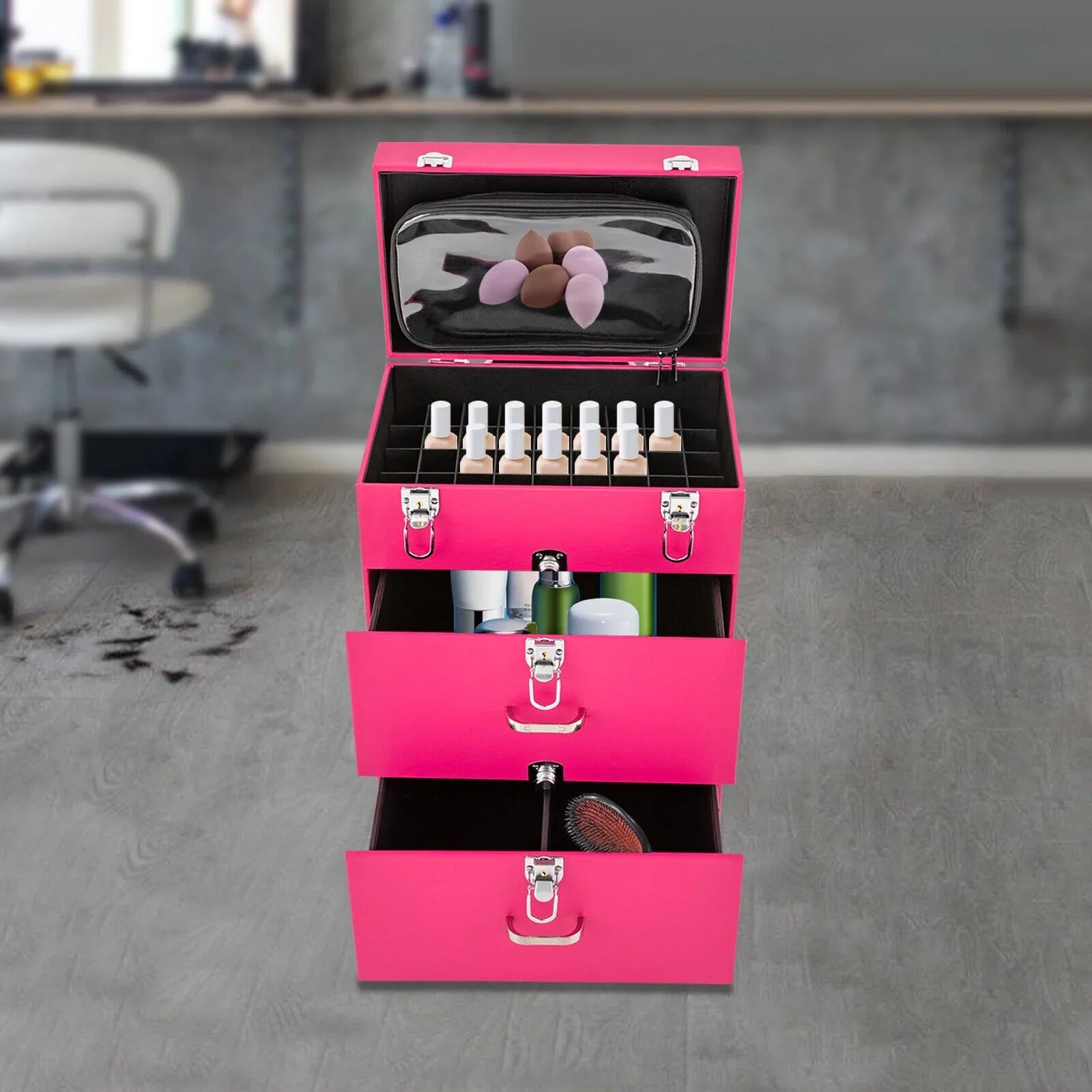 Rolling Makeup Train Case Cosmetic Trolley Luggage Box Storage Organizer with Drawer