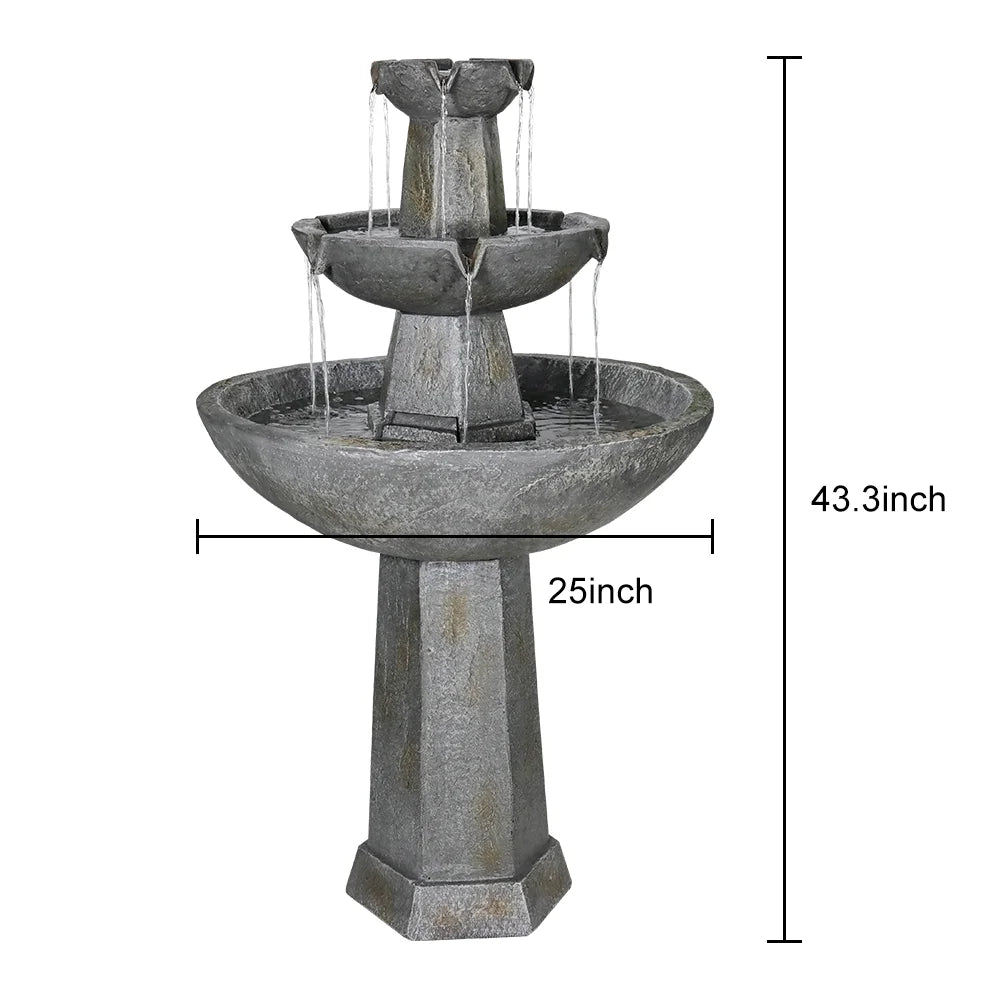 3 Tier Freestanding Waterfall Fountain, 43.3in H Outdoor Fountain with Bird Bath Decor for Garden Patio Backyard Deck Home Lawn Porch