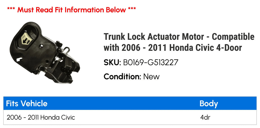 Trunk Lock Actuator Motor - Compatible with 2006 - 2011 Honda Civic 4-Door 2007 2008 2009 2010