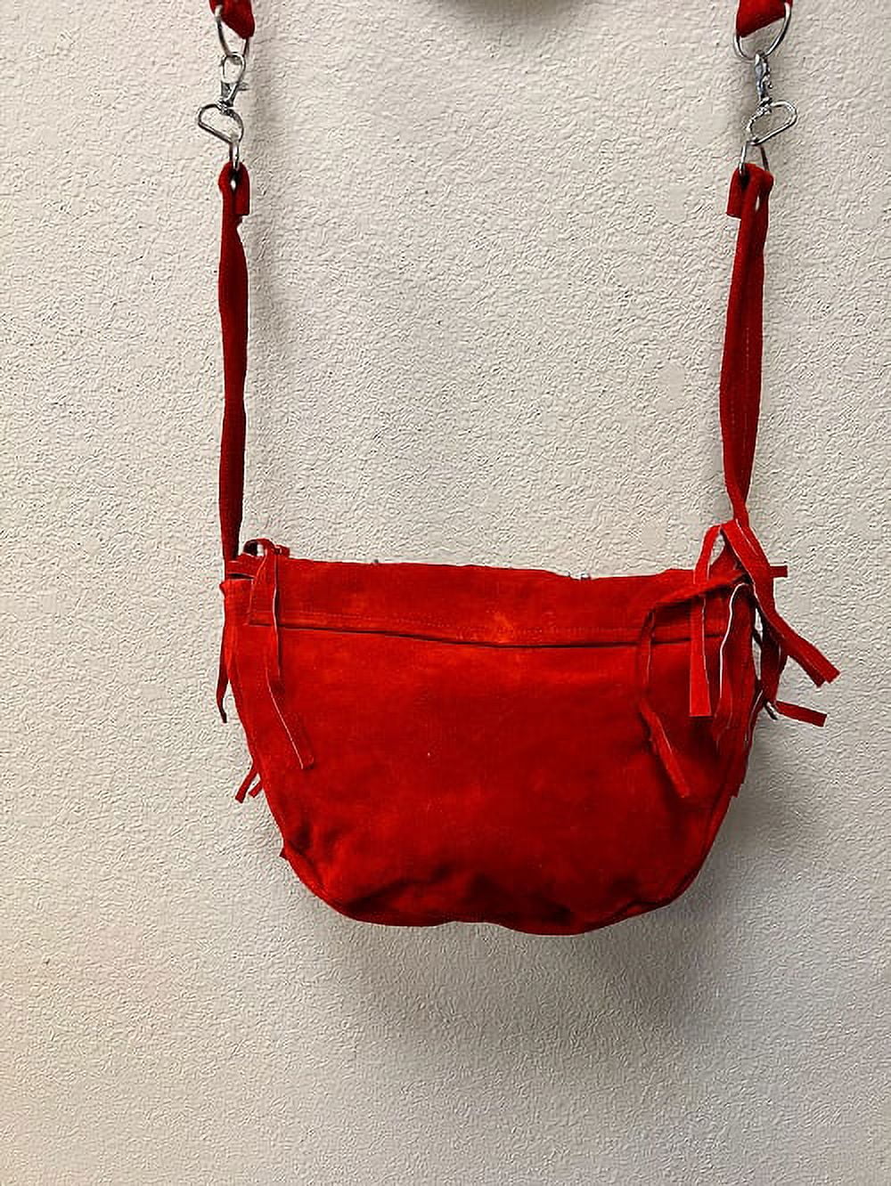 Ladies Fashion Motorcycle Heavy Duty Western Style Red Suede Cowhide Leather Handbag With Beads,Bones & Fringe