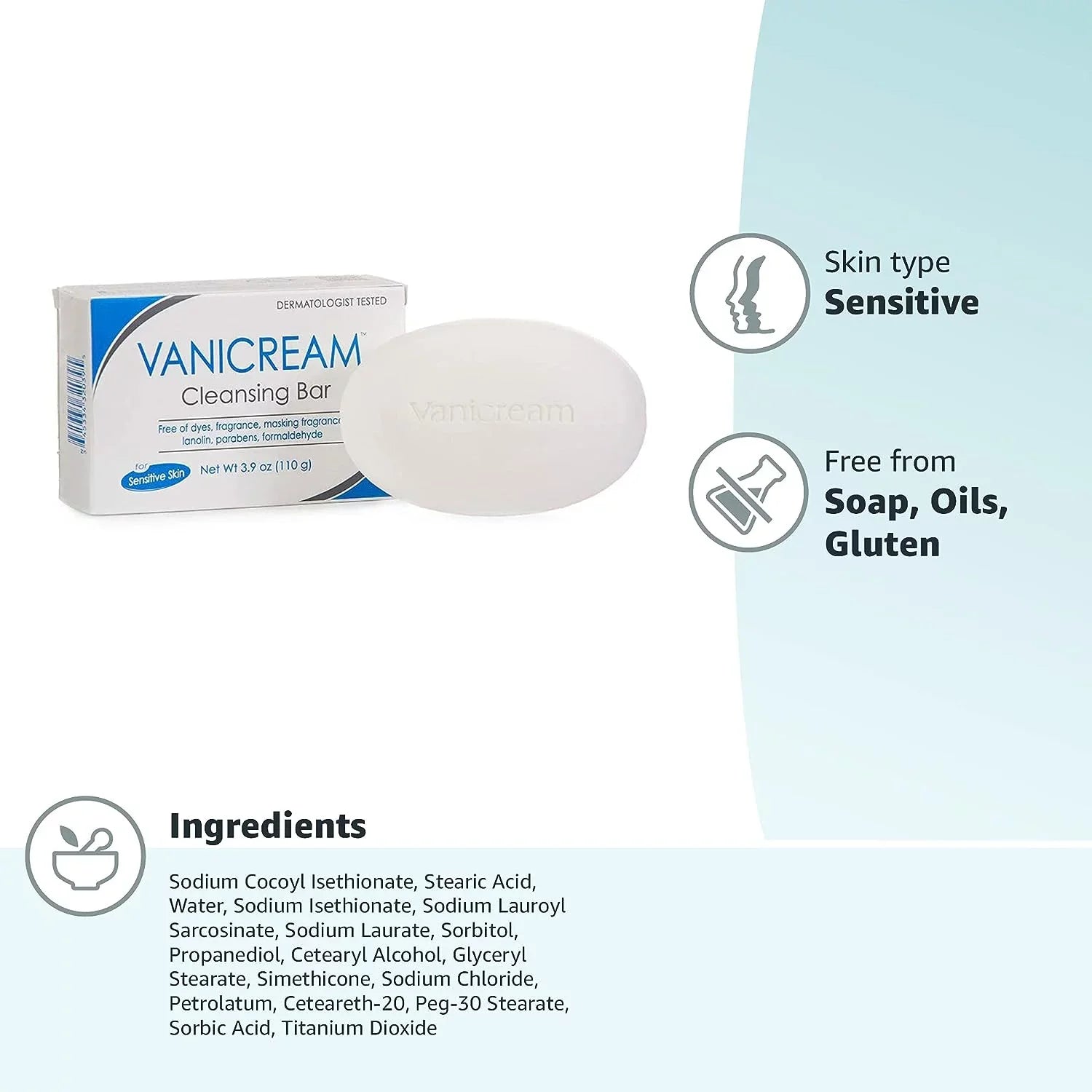 Vanicream Cleansing Bar For Sensitive Skin, Gluten and Sulfate Free, 3.9 oz (Pack of 4)