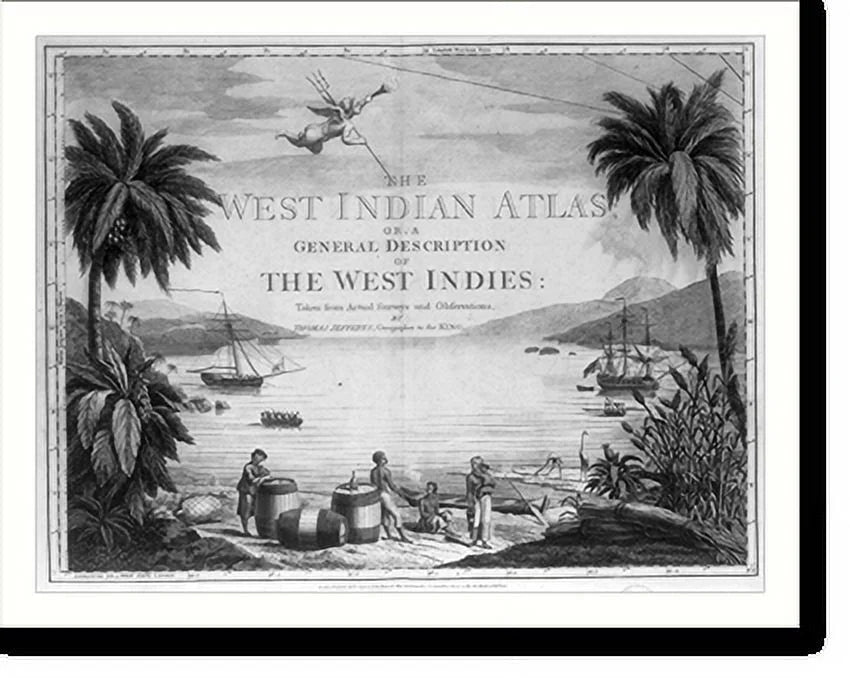 Historic Framed Print, [A scene in the West Indies showing Natives on the beach with a British sailor and three large casks, and two ships in the harbor], 17-7/8" x 21-7/8"