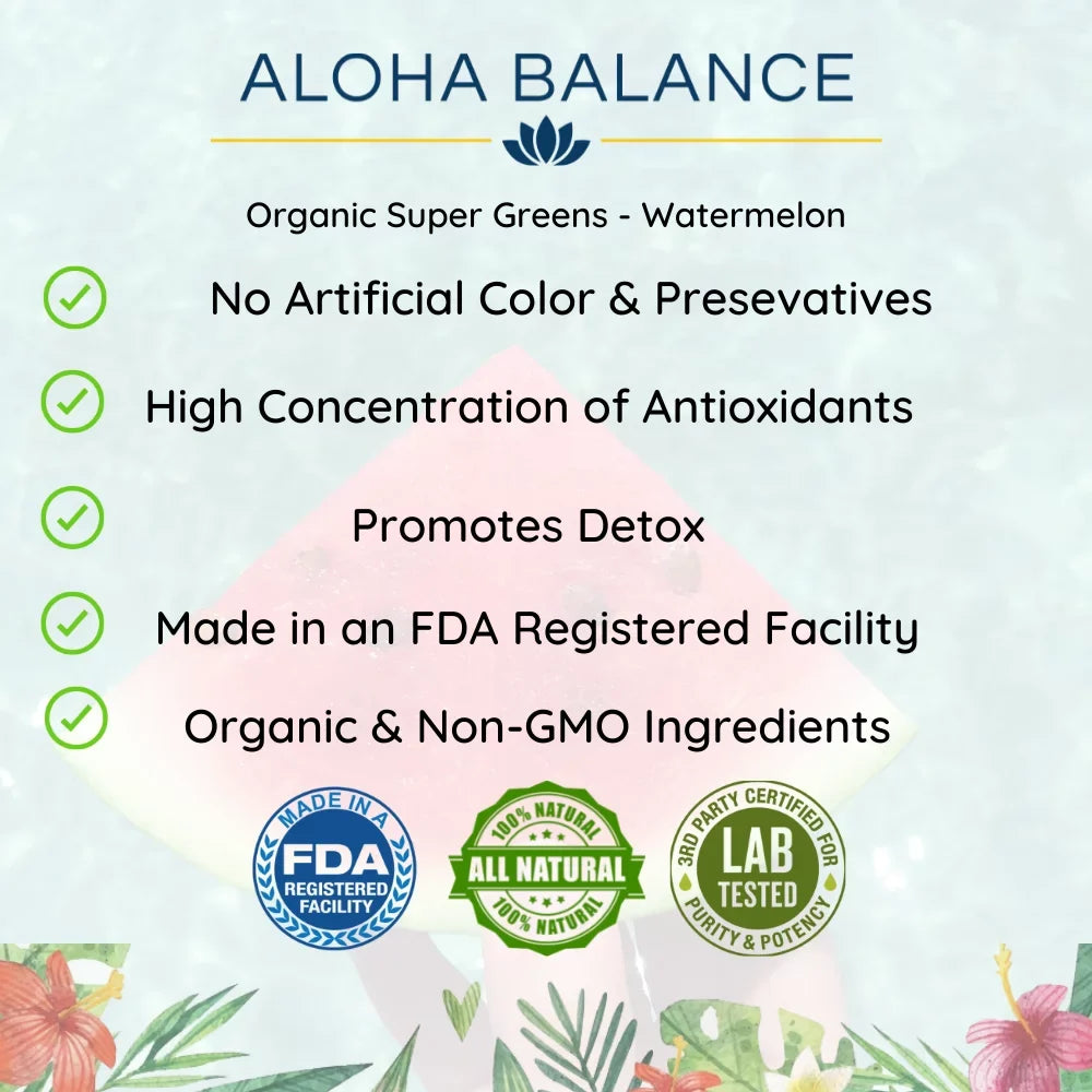 Super Greens - Watermelon - Full Serving of Fruits & Vegetables - Organic Ingredients Superfood Blend by Aloha Balance