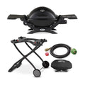 Weber Q1200 Liquid Propane Grill (Black) with Portable Cart, Adapter Hose Bundle