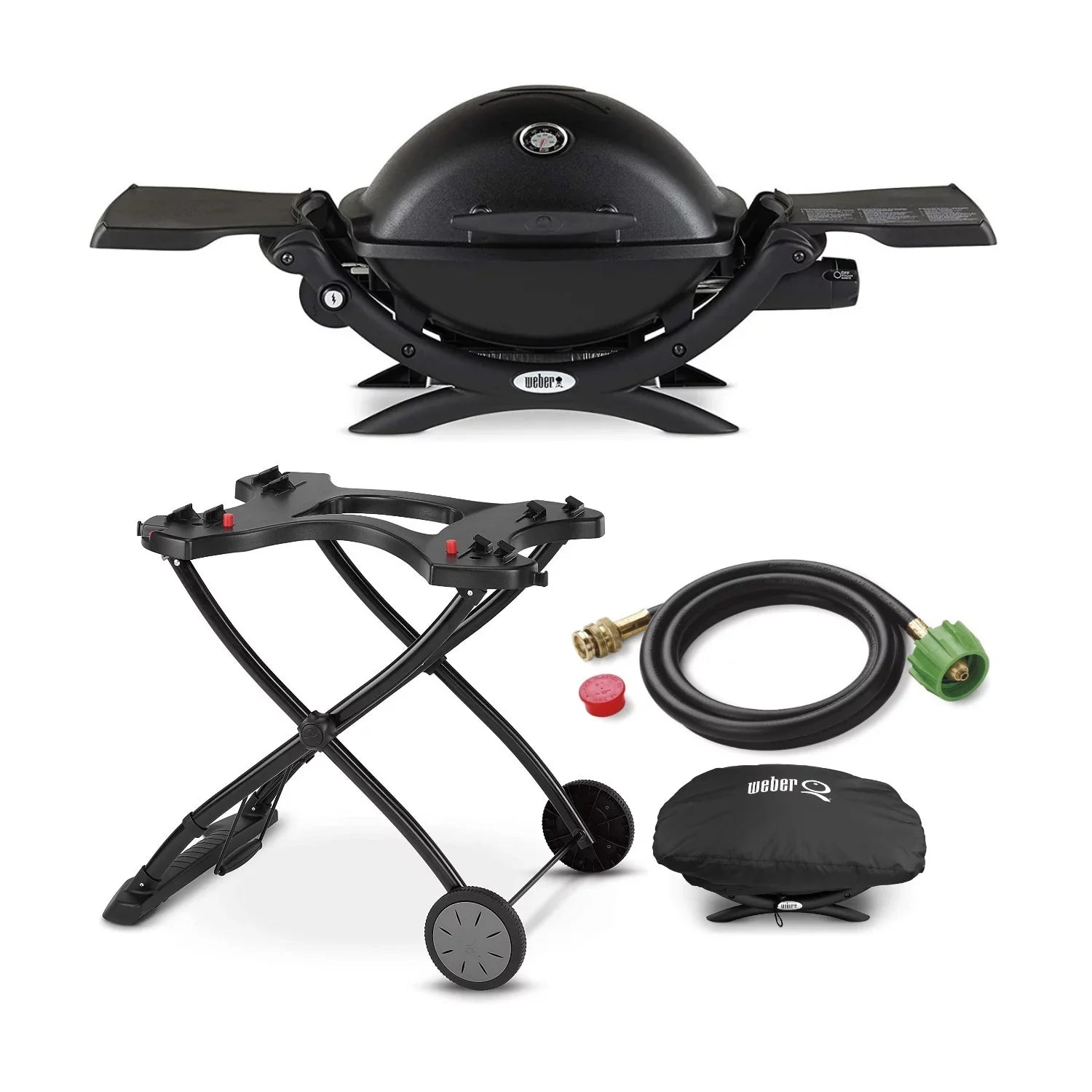 Weber Q1200 Liquid Propane Grill (Black) with Portable Cart, Adapter Hose Bundle