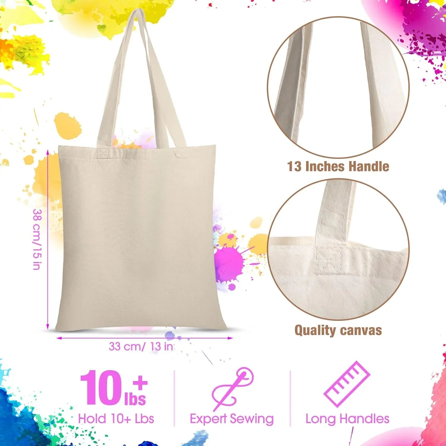 24 Pieces Canvas Tote Bags, Blank Plain Canvas Bag Lightweight Reusable Grocery Shopping Cloth Bags with Handles for  Crafting and Decorating, 13 Inch W x 15 Inch H