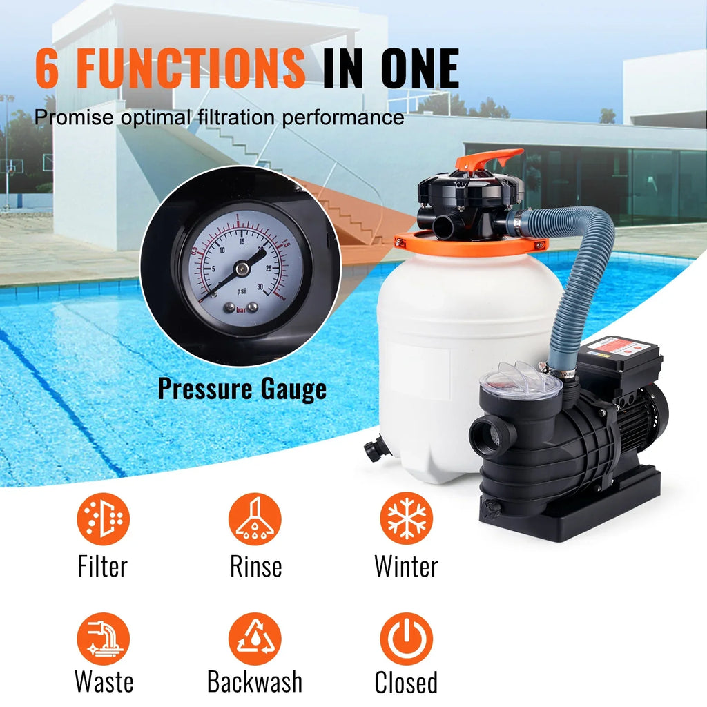 12" 6-Way Valve Sand Filter Above Ground with 1/2HP Swimming Pool Pump 3000GPH Flow