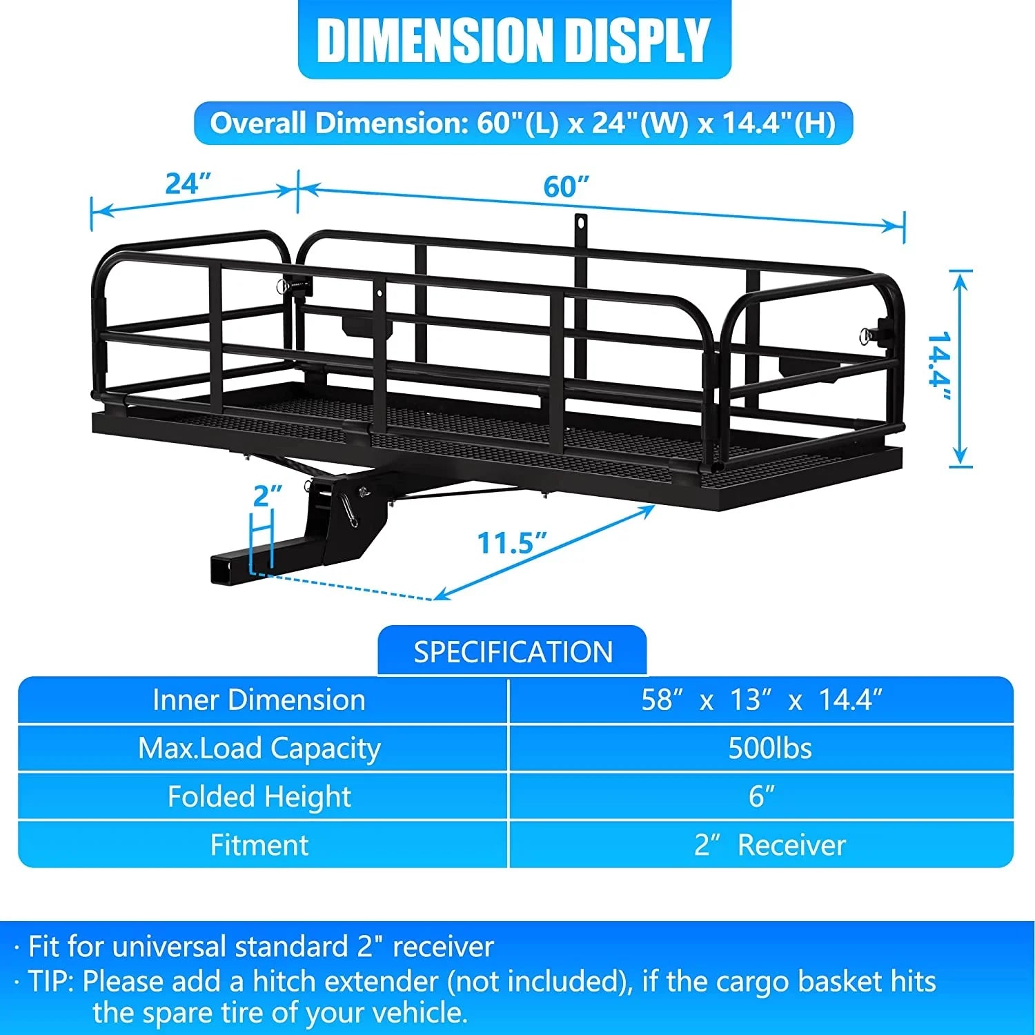 500 Lbs Heavy Duty Hitch Mount Cargo Carrier 60" x 24" x 14.4" Folding Cargo Rack Rear Luggage Basket Fits 2" Receiver for Car  Camping Traveling