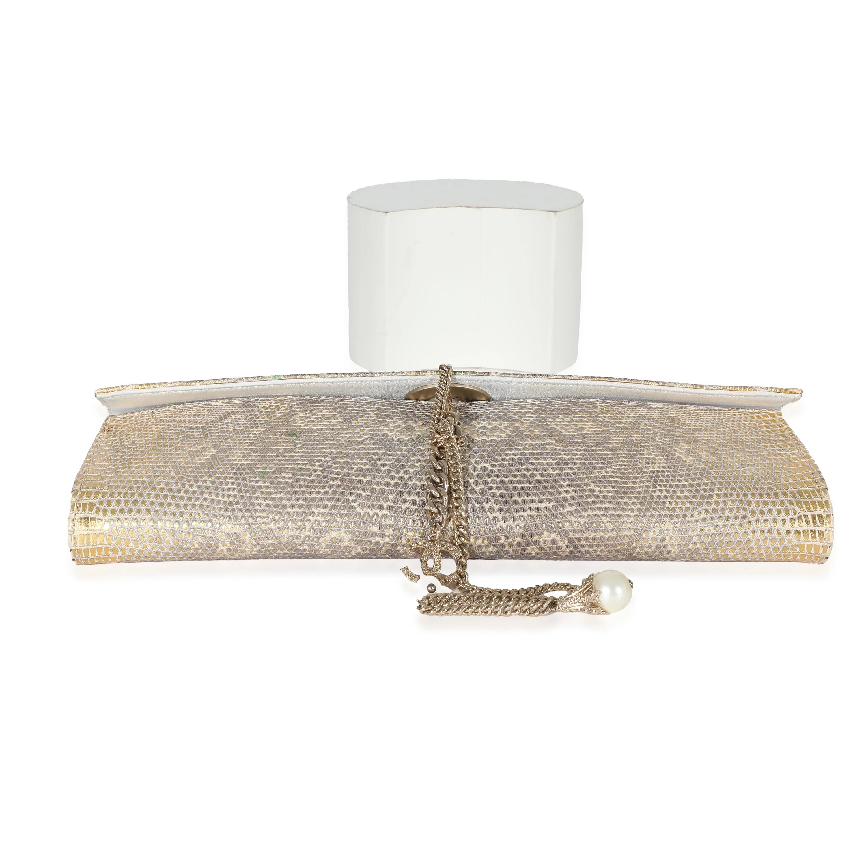 Chanel Vintage Gold Lizard Tube Flap Clutch Pre-Owned