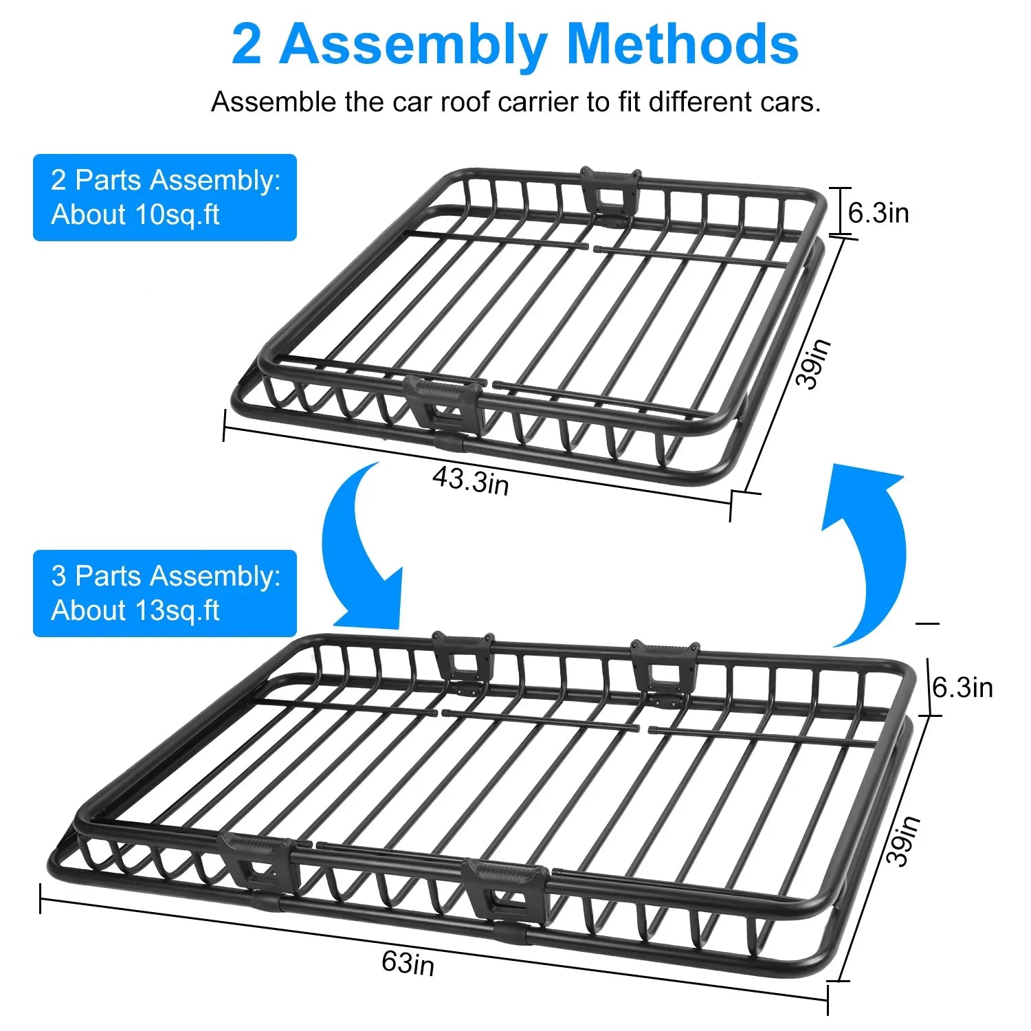 Universal Roof Rack Cargo Carrier, iMounTEK Extension Car Top Luggage Basket, 220 lb. Capacity Roof Rack Basket with Elastic Net and 10 Hooks, 63x39x6.3in, Black
