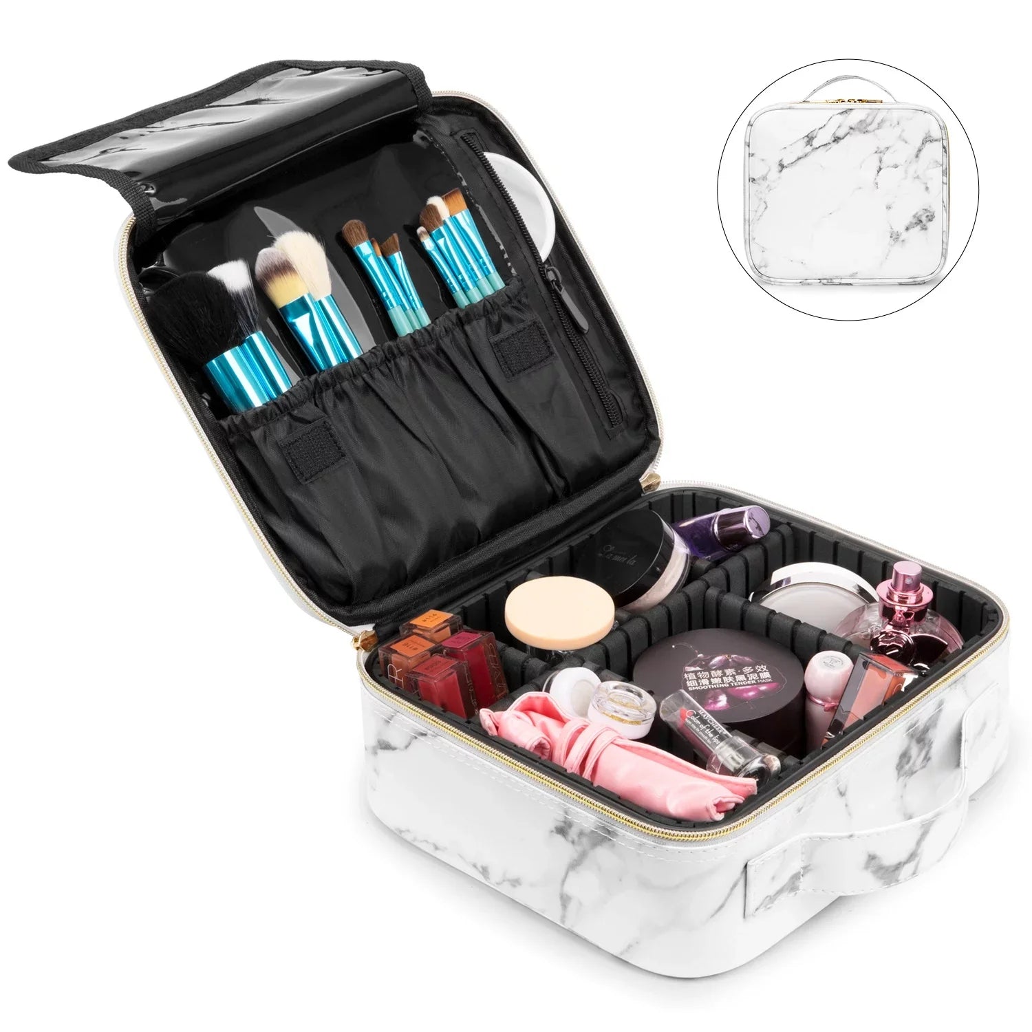 Travel Makeup Train Case Make Up Cosmetic Organizer Bag Makeup Tool Storage with Adjustable Compartments for Women Makeup Brush Toiletry Jewelry Digital Accessories