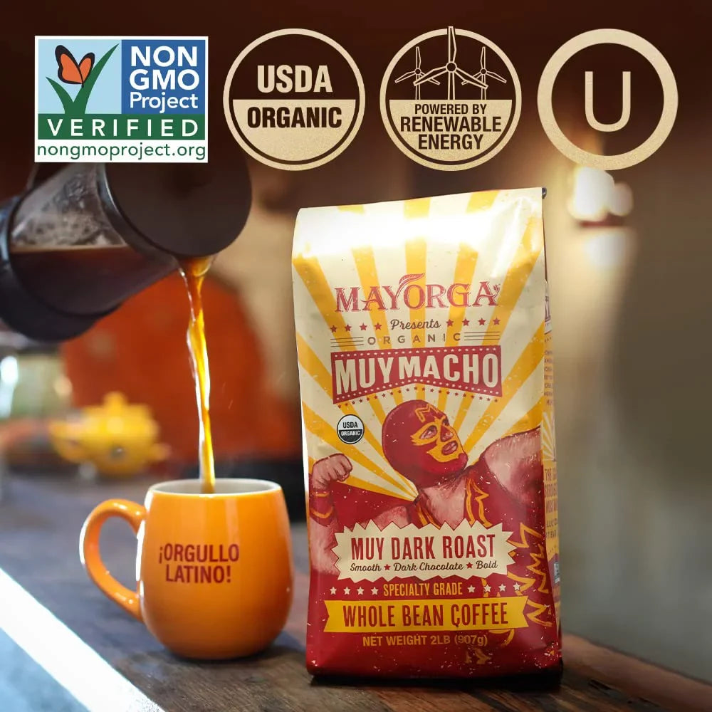 Mayorga Intense Dark Roast Coffee, 2 lb bag - Muy Macho Blend, the World's Strongest Organic Coffee - 100% Arabica Whole Coffee Beans - Bold Flavor - Specialty Grade, Non-, Direct Trade Muy Macho 2 Pound (Pack of 1)