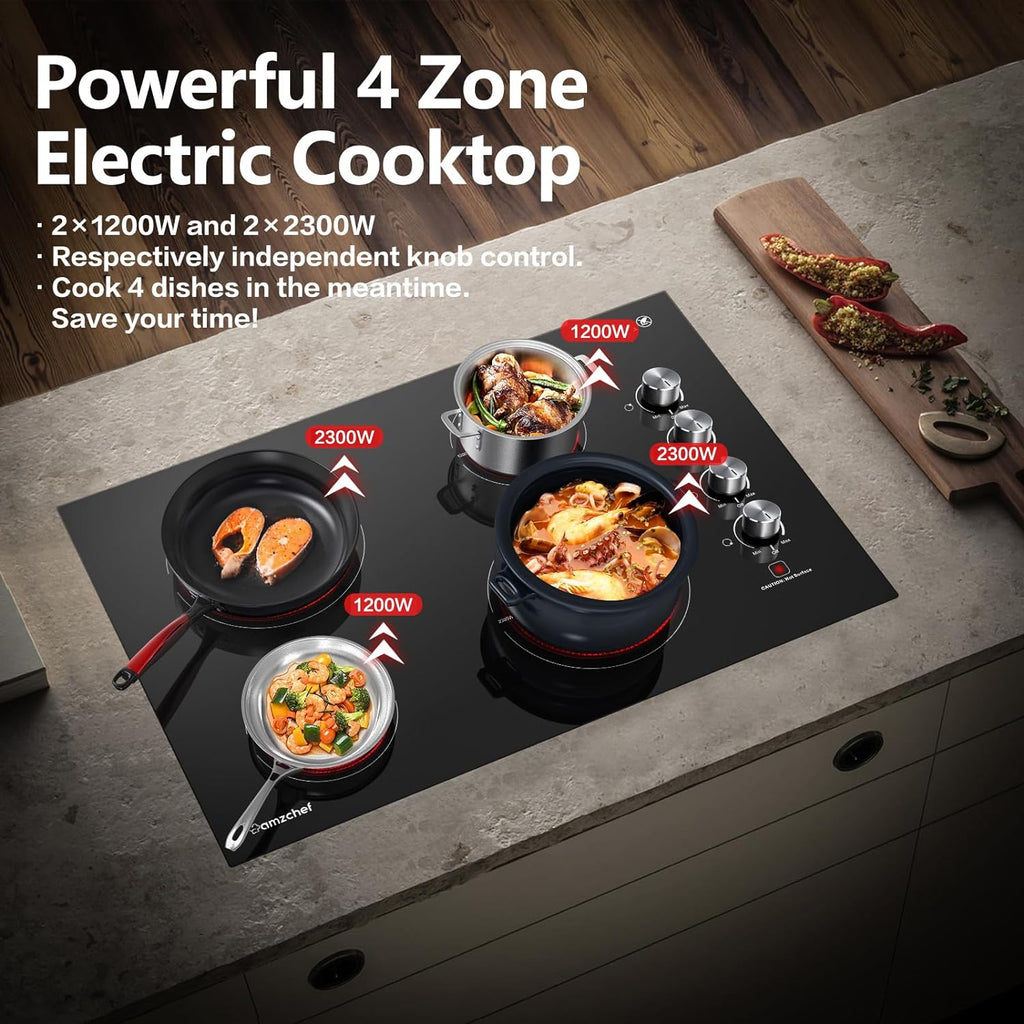30 Inch Electric Cooktop Built-in Electric Burner with 4 Burners,  Safety Certified, 240V Power Control by Knob, 7000W Electric Stove with Hot Surface Indicator