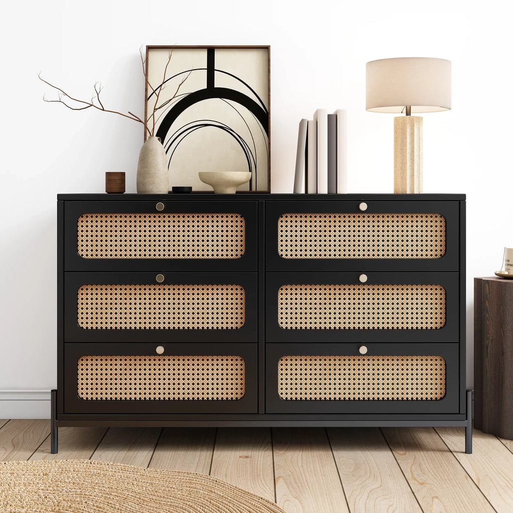 Al Fresco Accent Storage Cabinet with 6 Drawer, Modern Wide Chest of Drawers, 3 Tier Wood Dresser for Bedroom, Living Room, Entryway, Black