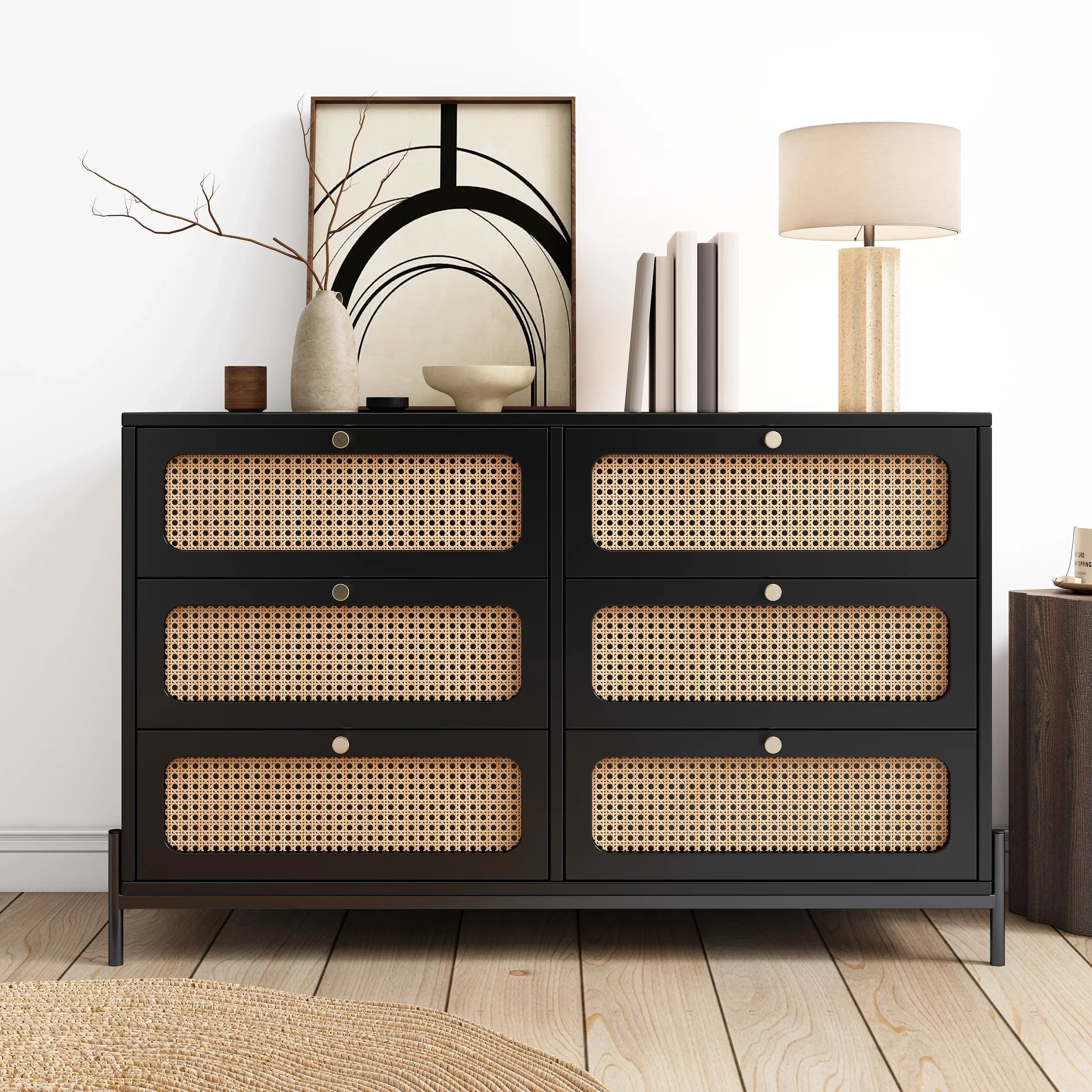 Al Fresco Accent Storage Cabinet with 6 Drawer, Modern Wide Chest of Drawers, 3 Tier Wood Dresser for Bedroom, Living Room, Entryway, Black