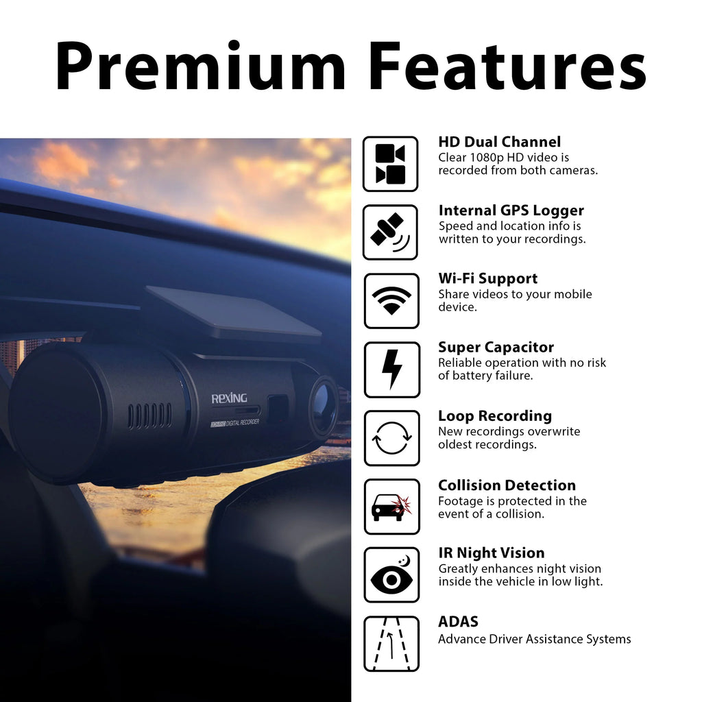 Rexing V3 1080P Front and Inside Cabin Dash Cam with Wi-Fi &