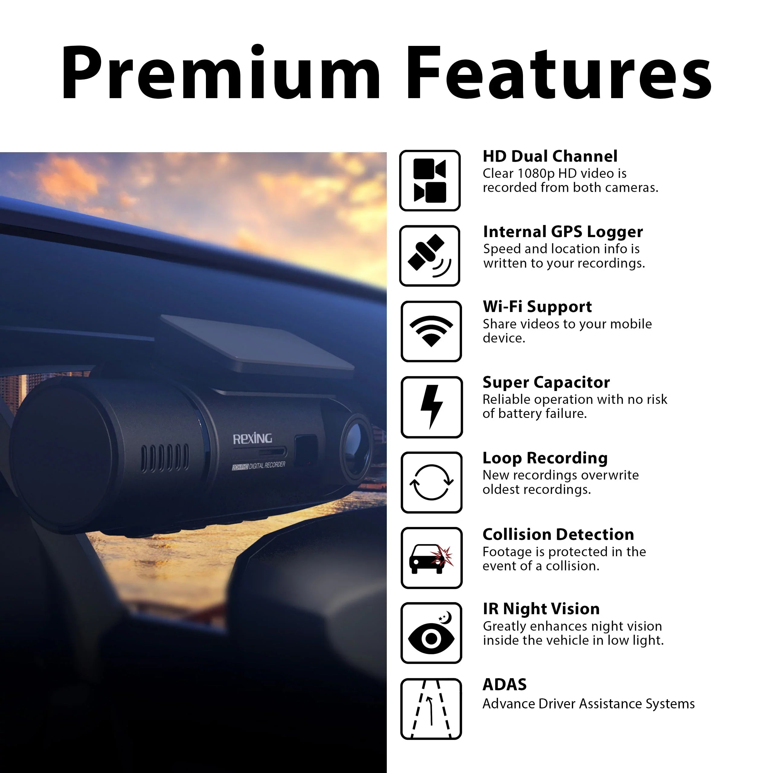 Rexing V3 1080P Front and Inside Cabin Dash Cam with Wi-Fi &