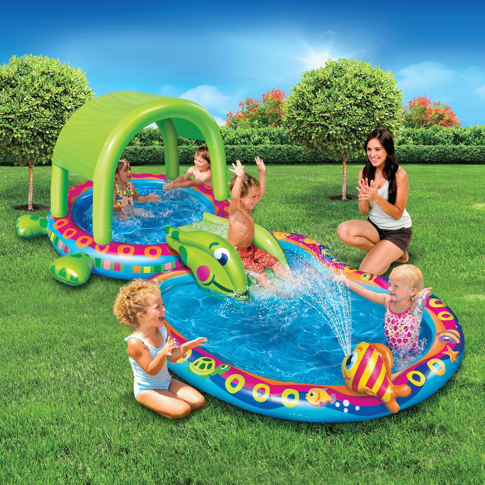 Banzai Shade 'N Slide Turtle Inflatable Kiddie Splash Pool with Sprinkler