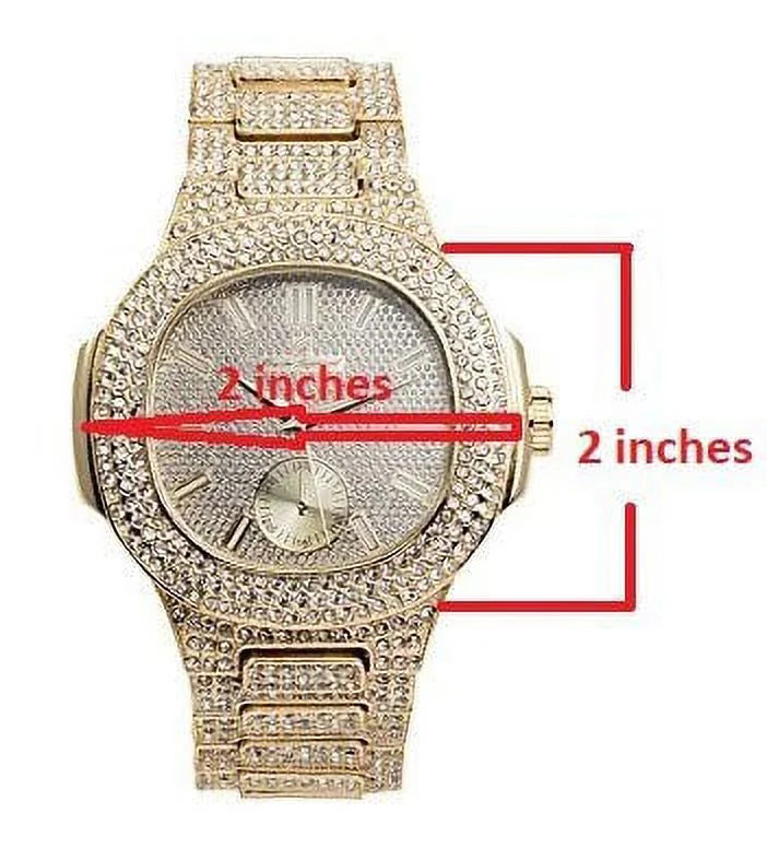 Bling-ed Out Oblong Case Metal Mens Watch w/Matching Bling-ed Out Bracelet Set - 8475B (Gold/Gold)