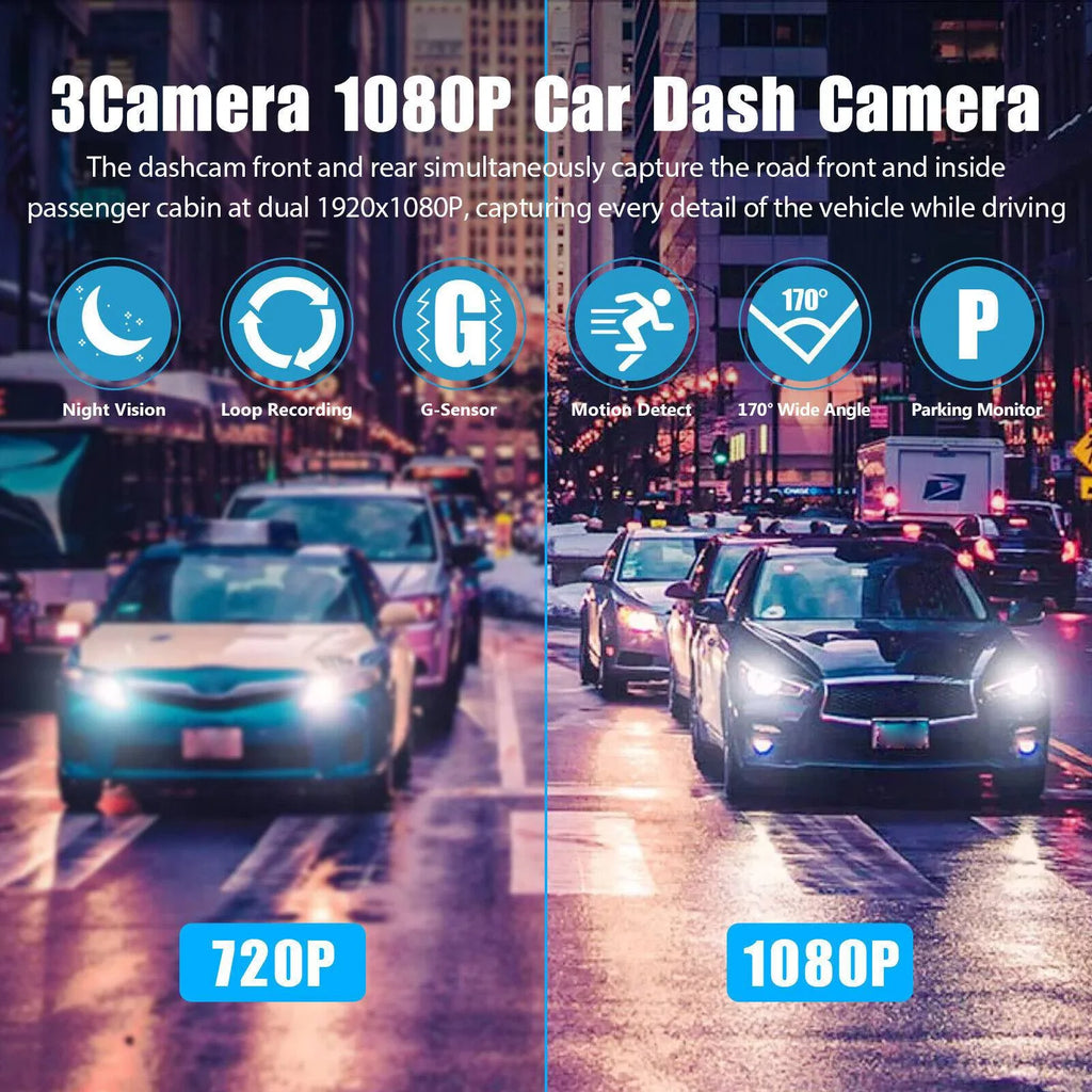 1080P Car Dual Lens Dash Cam Front/Rear/Inside Video Recorder Camera G-sensor