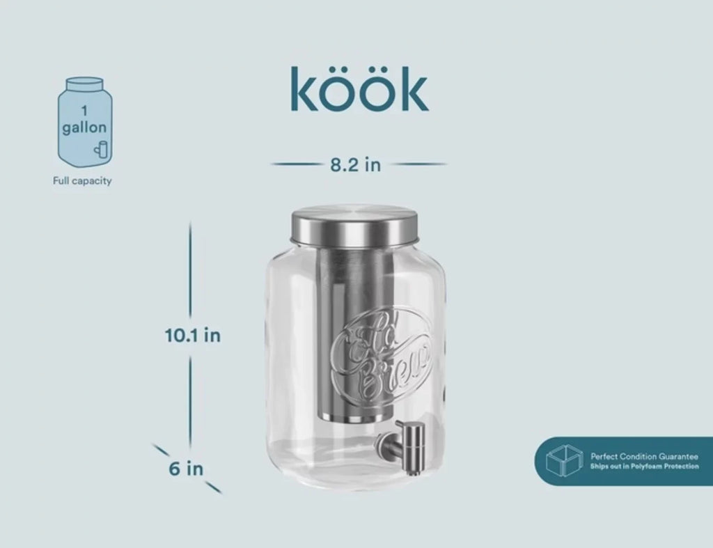 Kook Cold Brew Dispenser with Stainless Steel Spigot, 1 Gallon