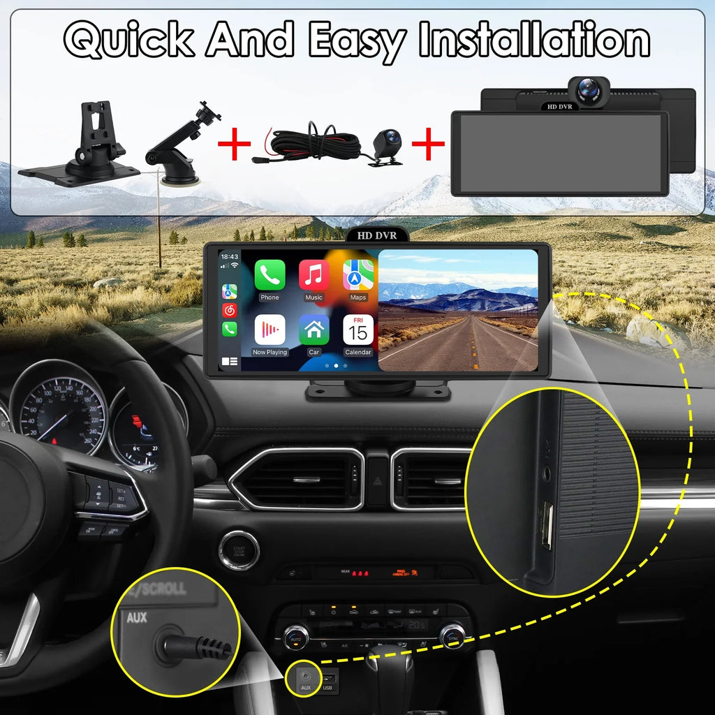 Wireless Apple Carplay Android Auto Bluetooth Portable 9.26" Touchscreen Car Stereo With 128G  Card, 4K Dash Cam And Backup Camera, Car Radio Head Unit  Navigation