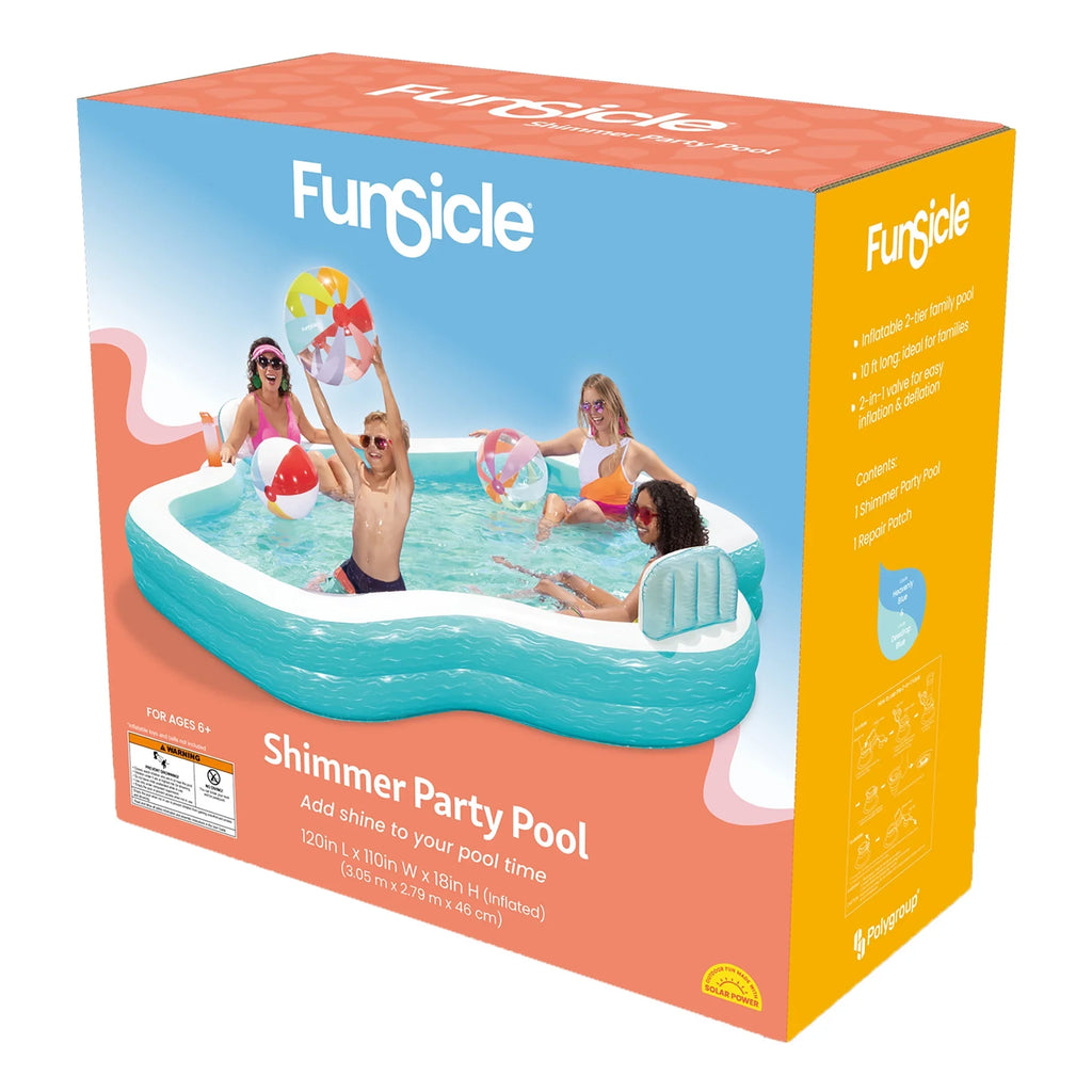 Funsicle: Shimmer Party Pool - 10ft Inflatable Lounge Pool, Teal & White, 120x110x18", Cup Holders, Comfortable Backrests, Outdoor Family Pool