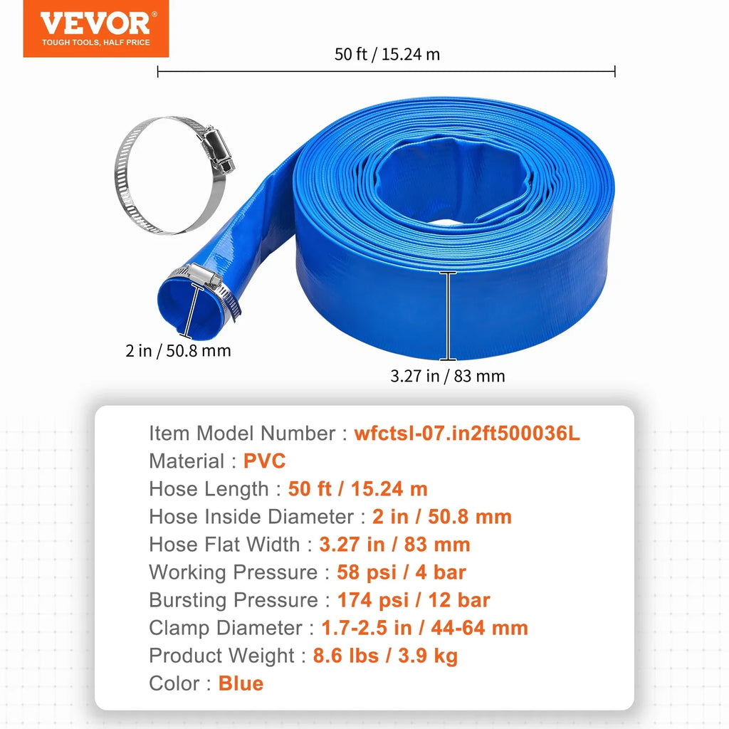 Swimming Pool Filter Backwash Hose with Clamps 2'' x 50' Premium  Lay Flat Discharge Hose Blue Weather and Chemical Resistant