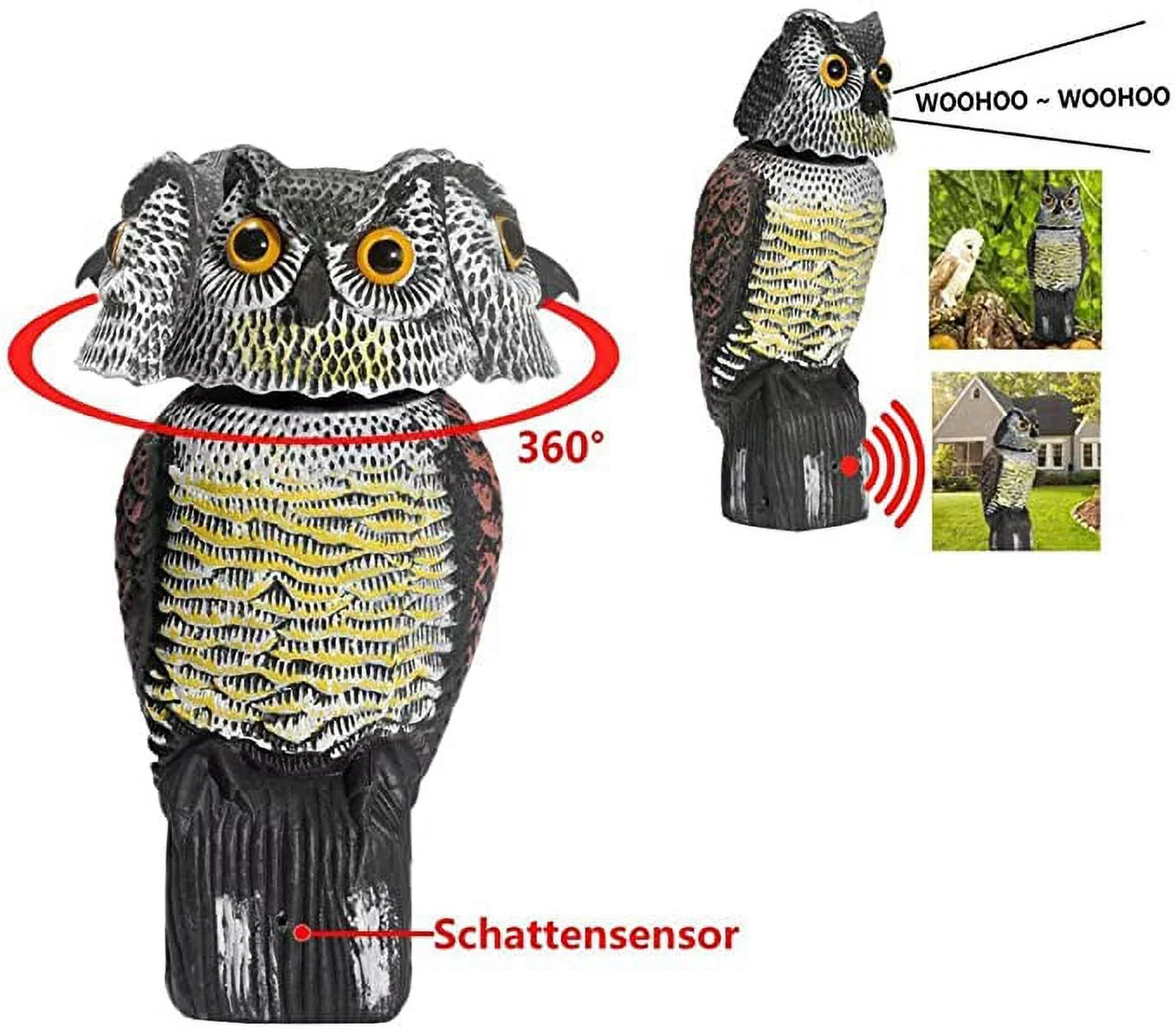 Spring hue Owl Decoy 360 Rotate Head to Scare Birds, Scarecrow Owl Decoy Statue Realistic Scary Sounds & Shadow Fake Owl Outdoor Pest Bird Deterrent for Patio Yard Garden Protector