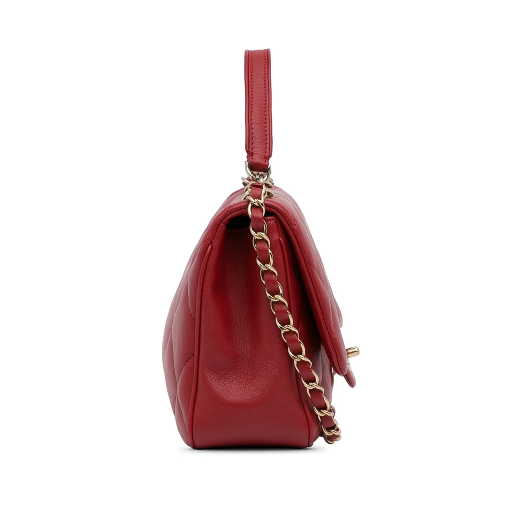 Pre-Owned Authenticated Chanel Small Easy Carry Flap Bag Lambskin Leather Red Satchel Unisex (Good)