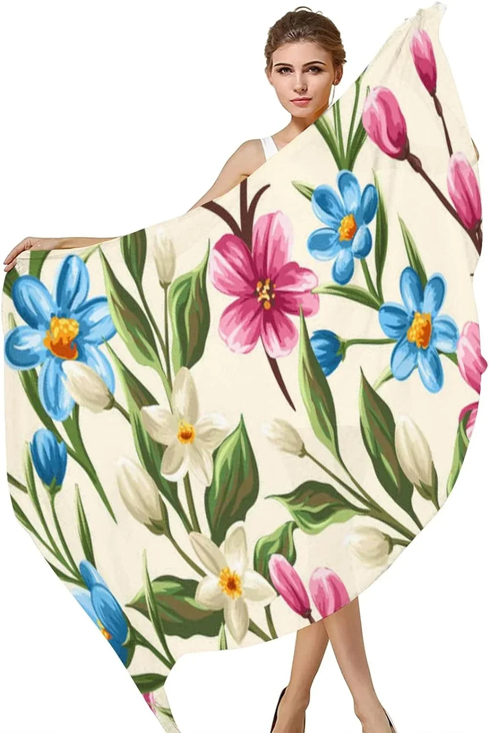 Hyjoy Floral Spring Pink Beige and Blue Flowers Long Silk Neck Scarf Lightweight Shawl Wrap Scarves for Women Girls