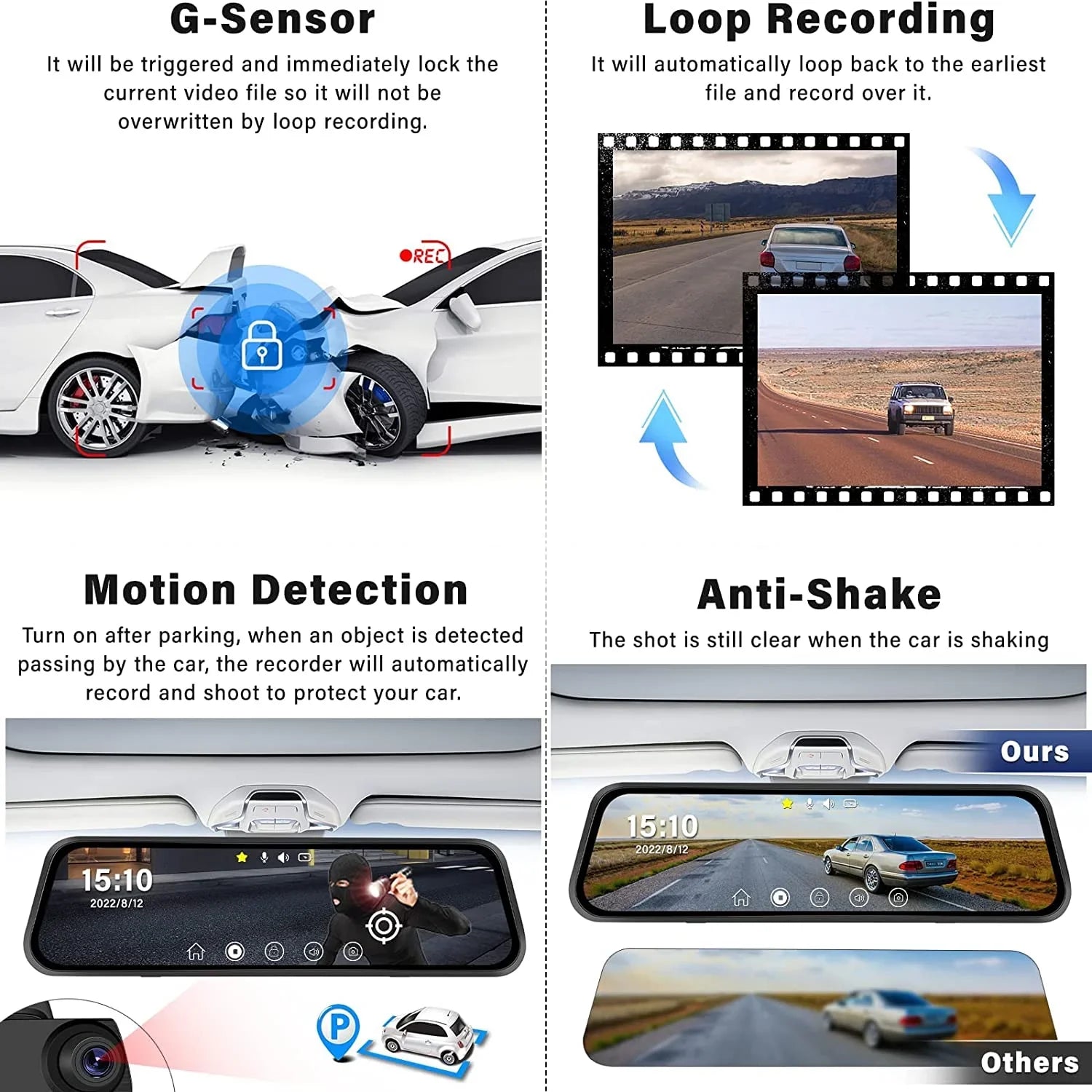 10" Touch Screen Mirror Dash Camera, 1080P Dual Dash Cam Kit Front and Rear View, Backup Camera for Cars, Super Night Vision, Motion Detection,Reversing Assistance, Loop Recording