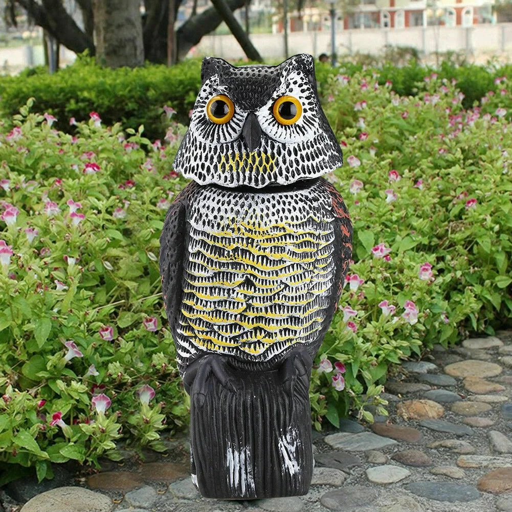 Owl Decoy 360 Rotate Head to Scare Birds, Scarecrow Owl Decoy Statue Realistic Scary Sounds & Shadow Fake Owl Outdoor Pest Bird Deterrent for Patio Yard Garden Protector