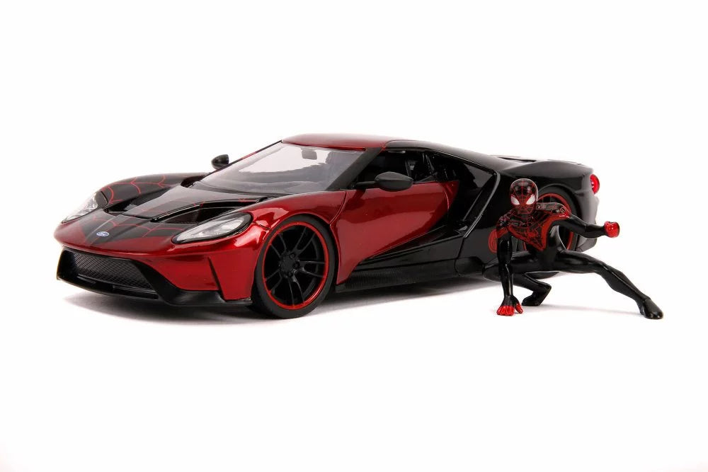Diecast Car w/Display Case - 2007 Ford  with Miles Morales Spider Man Figure, Red and Black - Jada 31190/4 - 1/24 Scale Diecast Model Toy Car