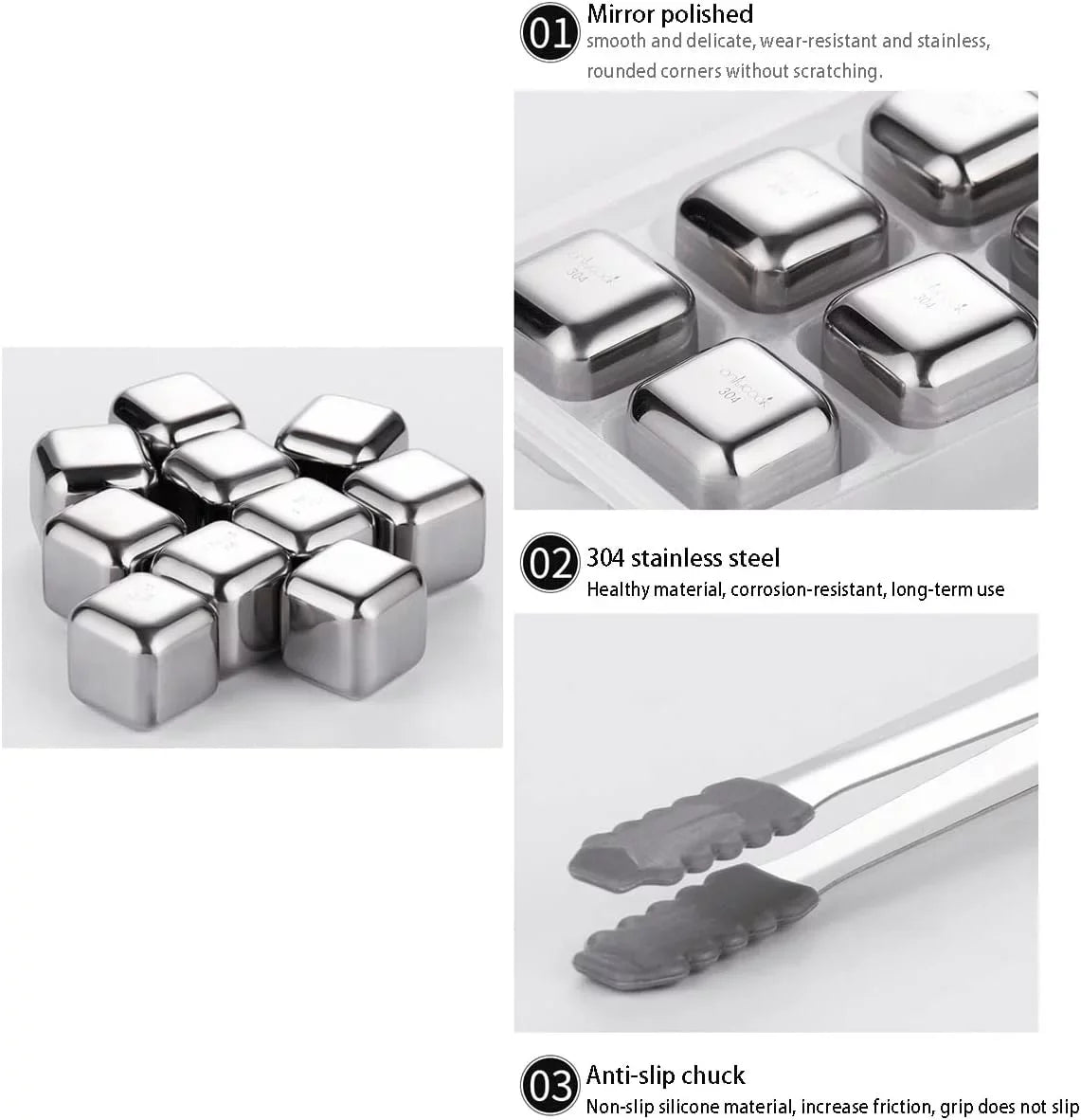 Whiskey Ice Cubes Stainless Steel Ice Cubes for Drinks Chilling Set of 4/6/8 with Box, Reusable Metal Whiskey Stones, Wine Chiller Rocks No Dilution Waterless Ice for Scotch, Vodka, Rum (Size : 8pcs
