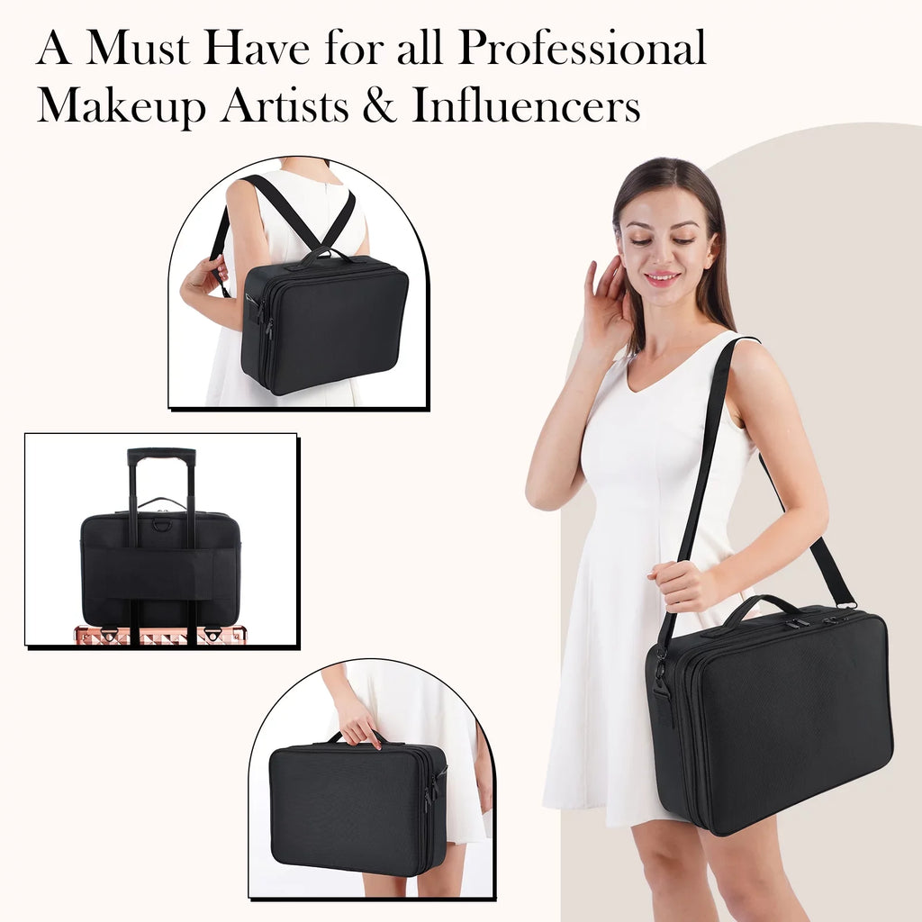 Extra Large Travel Makeup Bag Cosmetic Case Organizer Beauty Train Case with Shoulder Strap and Dividers Compartment, Black