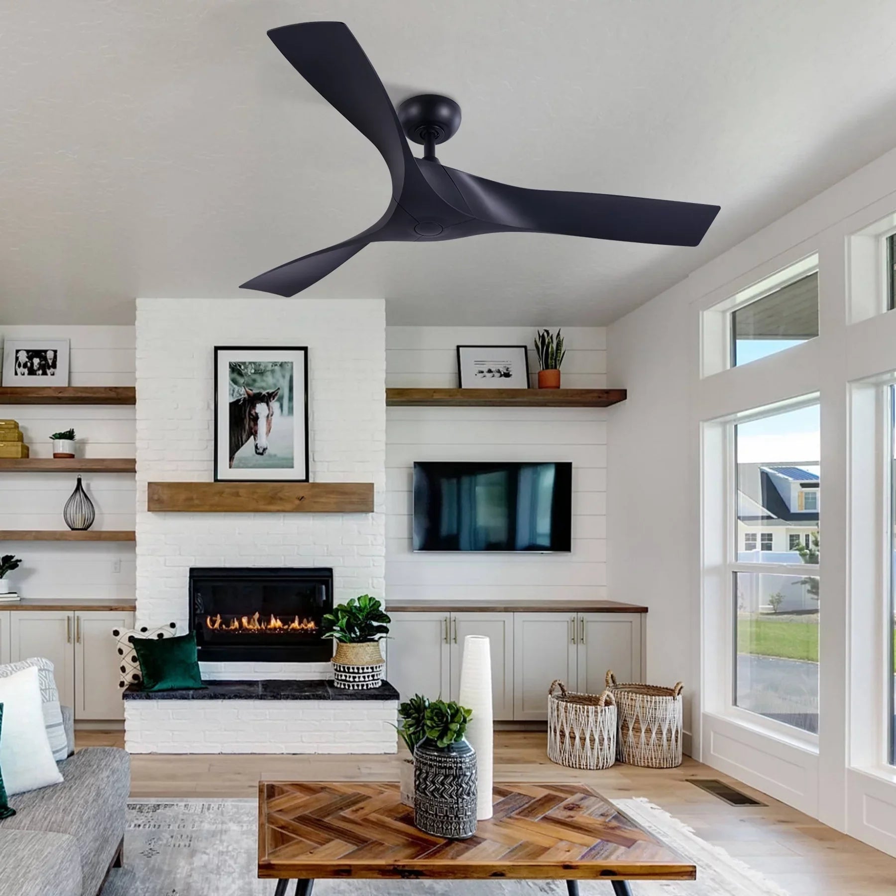 52" Smart Ceiling Fan with Remote Control, 3 Blades, 6 Speeds, Timer, Black