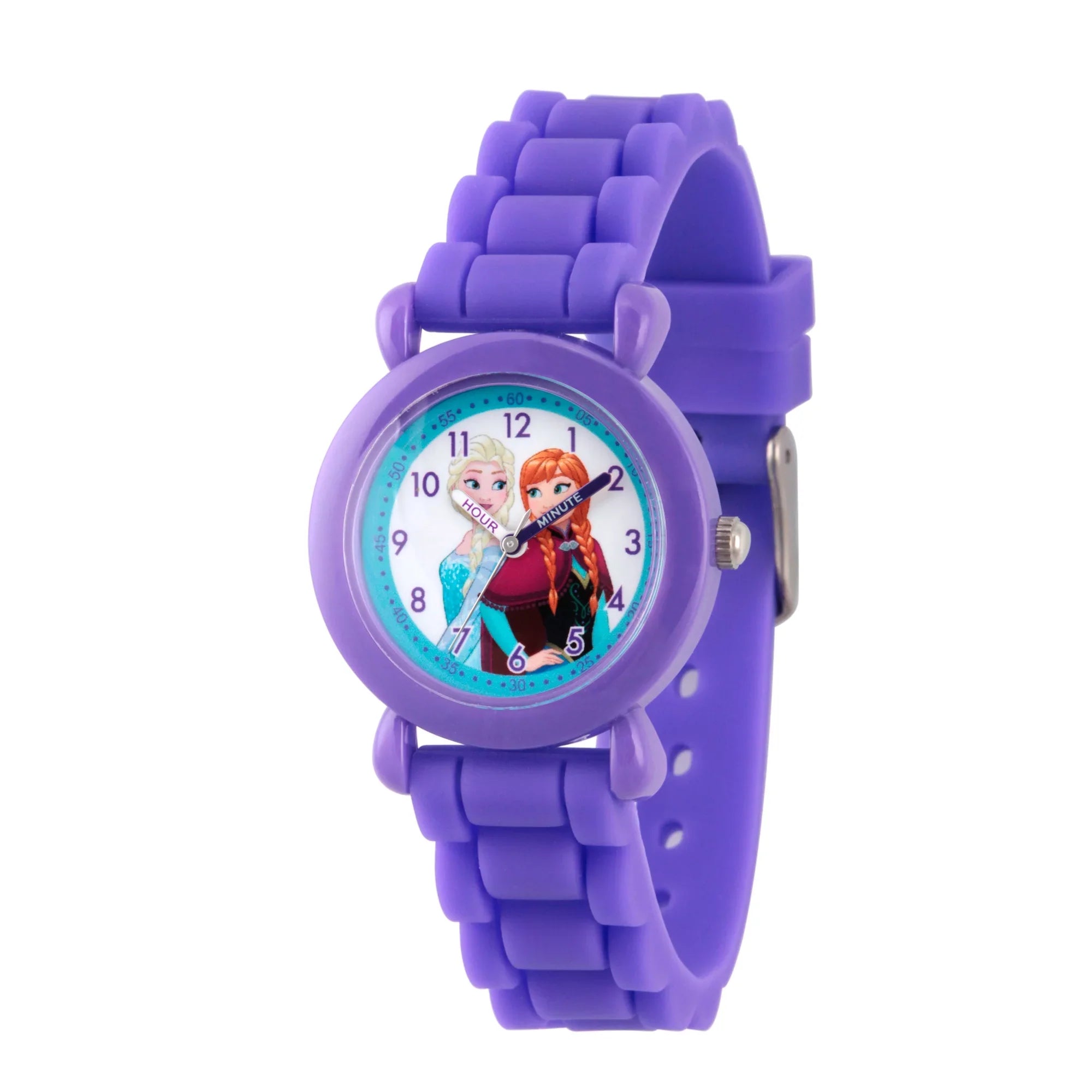 Frozen Elsa and Anna Girls' Purple Plastic Time Teacher Watch, Purple Silicon Strap