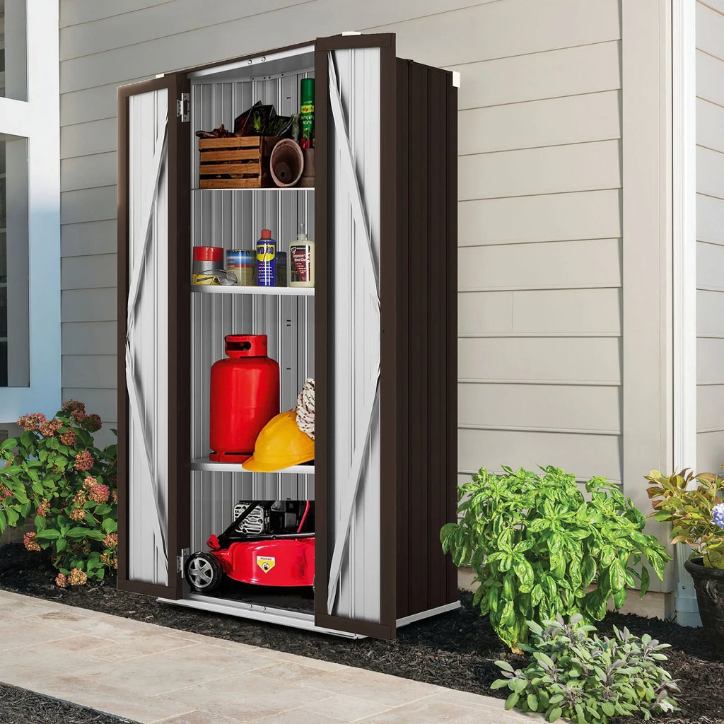 70" Metal Storage Cabinet with Doors and Shelves Outdoor/ Indoor Storage Shed Organizer for Garage& Garden in Brown