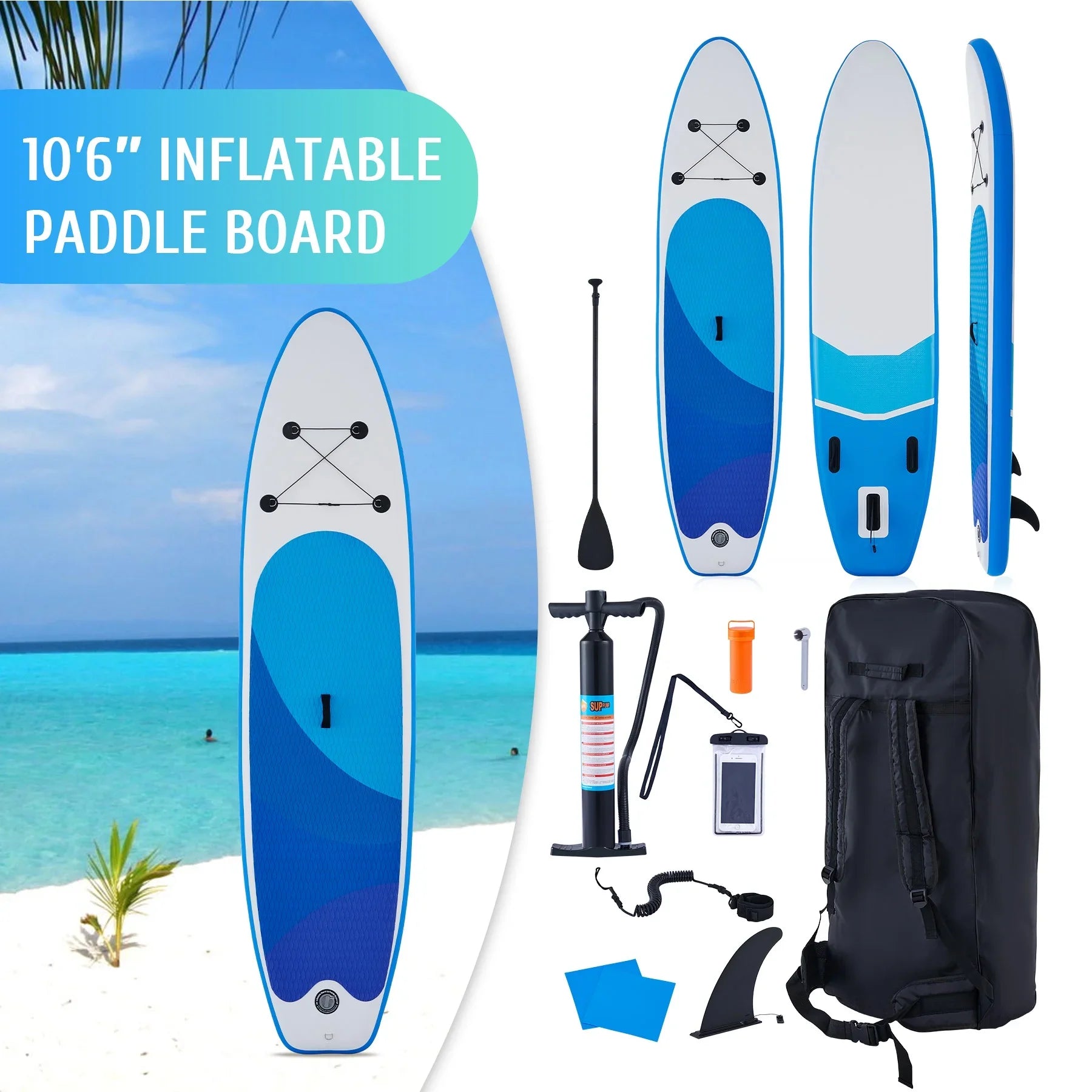 Preenex 10'6" Hybrid Inflatable Paddle Board for Adults Hybrid  Board Set w Air Pump, Blue