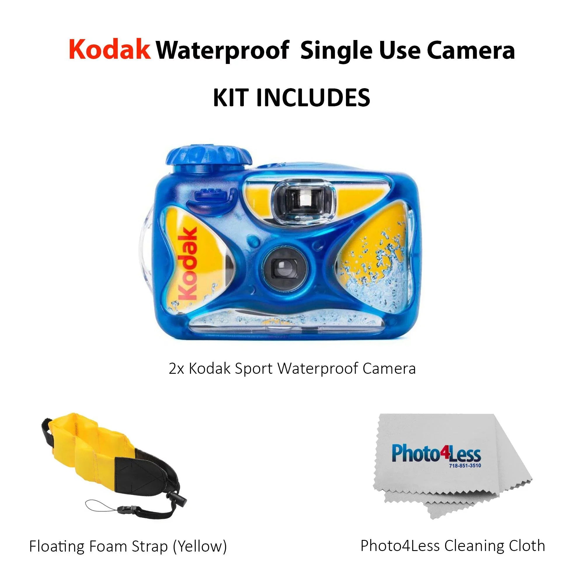 2 Pack Kodak Sport Waterproof Single Use Camera With Floating Strap and Cloth