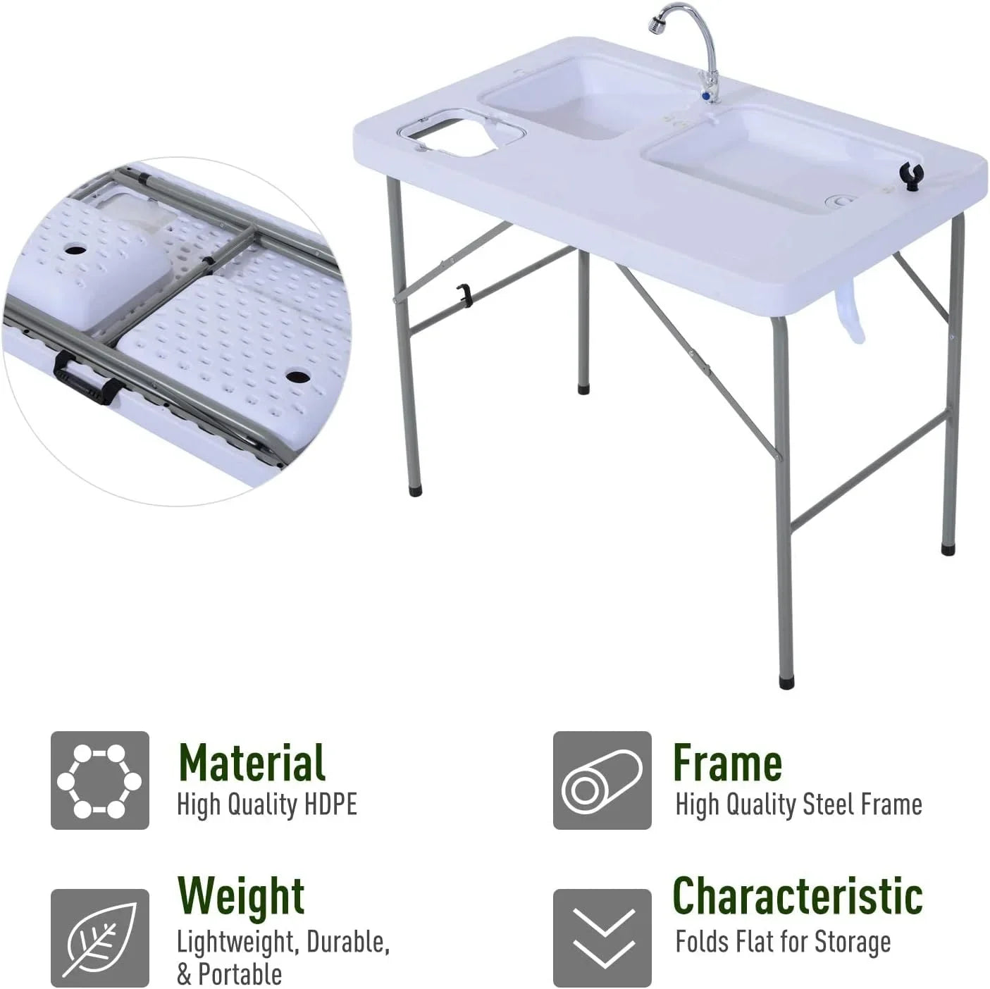 Folding Camping Table with Faucet and Dual Water Basins, Outdoor Fish Table Sink Station, for Picnic, Fishing, 40''