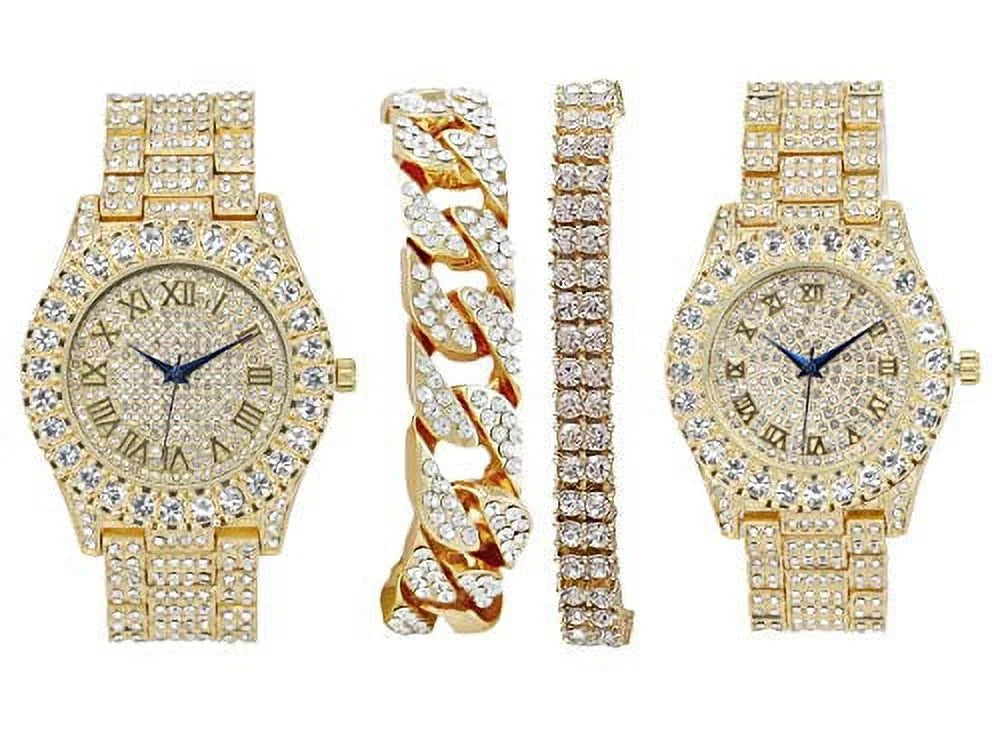 Bling'ed Out King and Queen Hip Hop Watch Set Perfect for Power Couples to Flaunt On and Off The Dance Floor - ST10325/ST10364 His&Hers(ST10327Gld Gld)