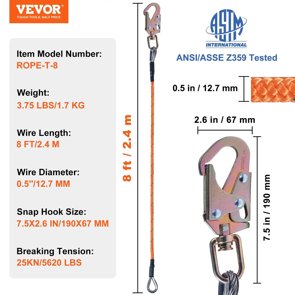 Steel Core flipline, 1/2" x 8' Arborist Flipline, Flip Line for Tree Climbing with Alloy Steel Snap Hook, Aluminum Alloy Carabiner and Extra Tool Lanyard, for Arborist, Tree Climbers
