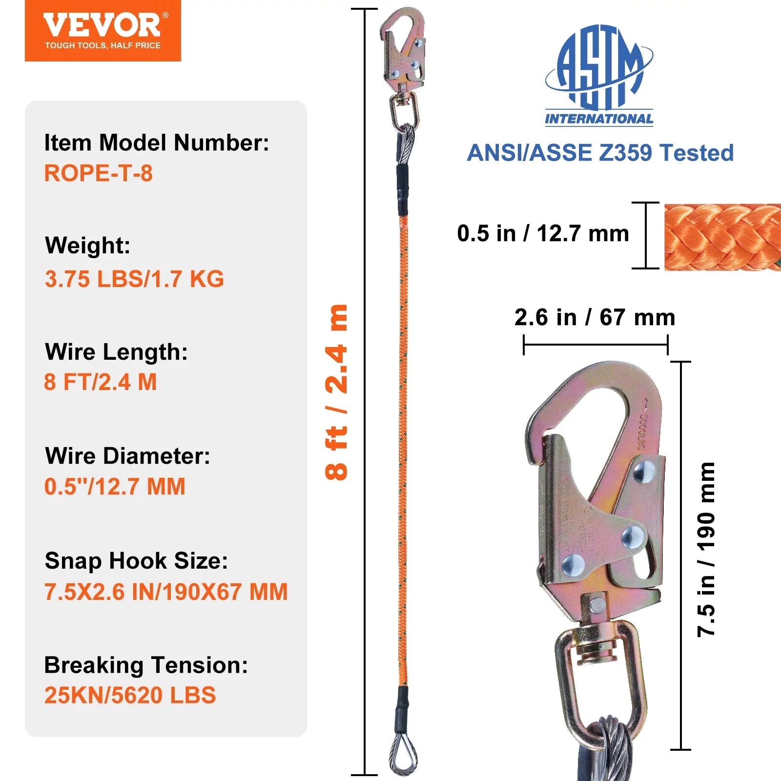 Steel Core flipline, 1/2" x 8' Arborist Flipline, Flip Line for Tree Climbing with Alloy Steel Snap Hook, Aluminum Alloy Carabiner and Extra Tool Lanyard, for Arborist, Tree Climbers