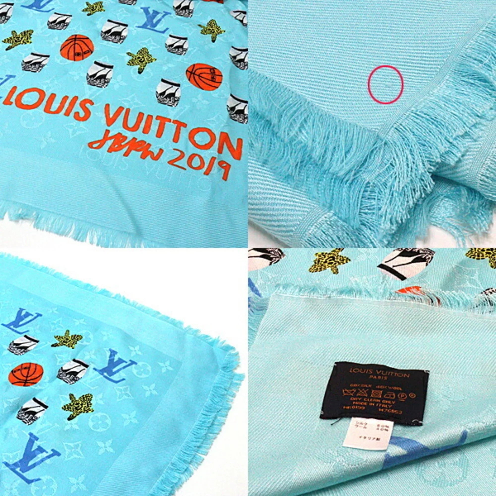 Pre-Owned Louis Vuitton Jonas Wood   monogram stole M76053 blue shawl basketball/flower/pot silk 60% wool 40% (Like New)